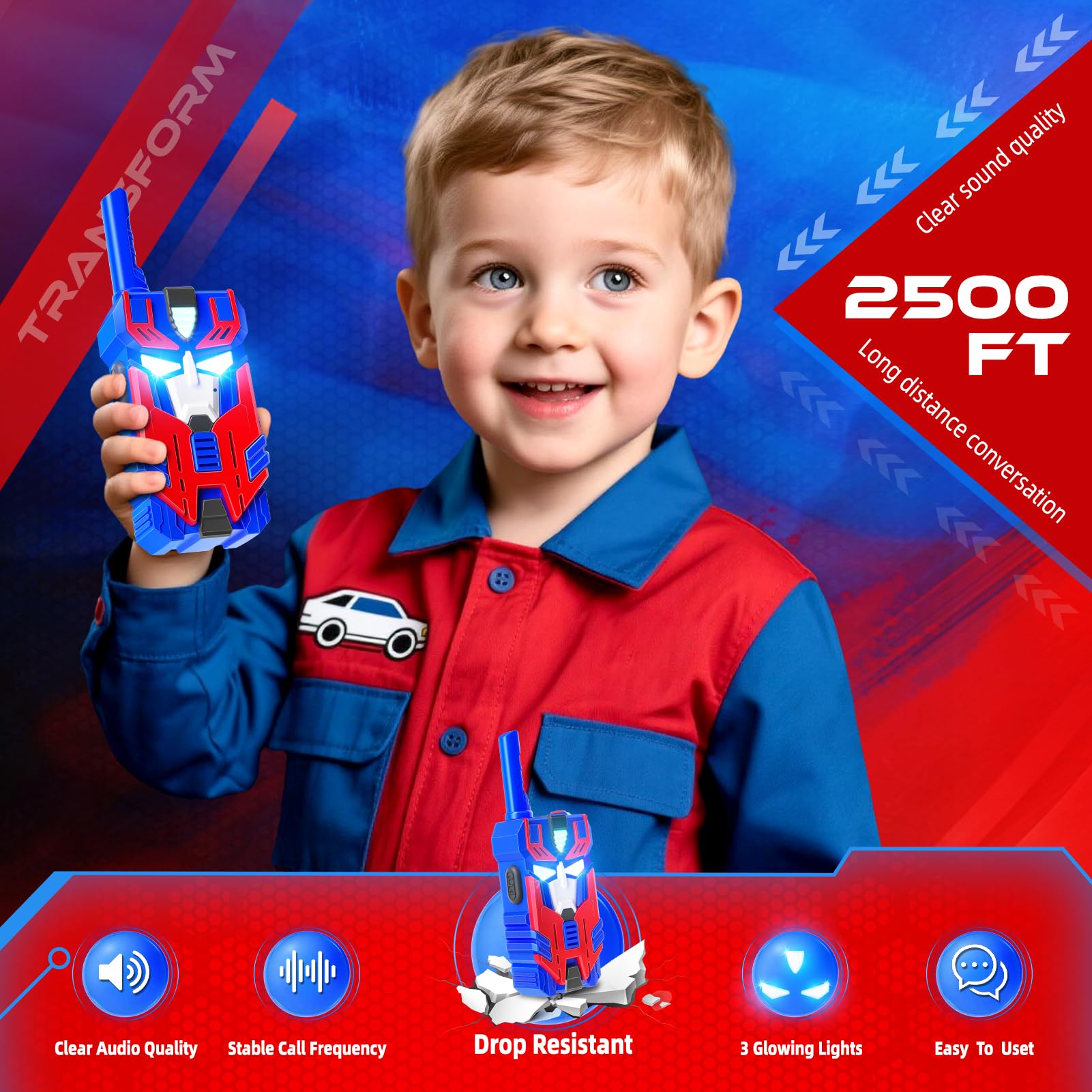 Transform Toys Walkie Talkies para niños, paquete de 2 robot líder azul, rango de 2500 pies, luces de ojos geniales para 3, 4, 5, 6, 7, 8, 9, 10 años, juguetes de campamento al aire libre, regalos de 5
