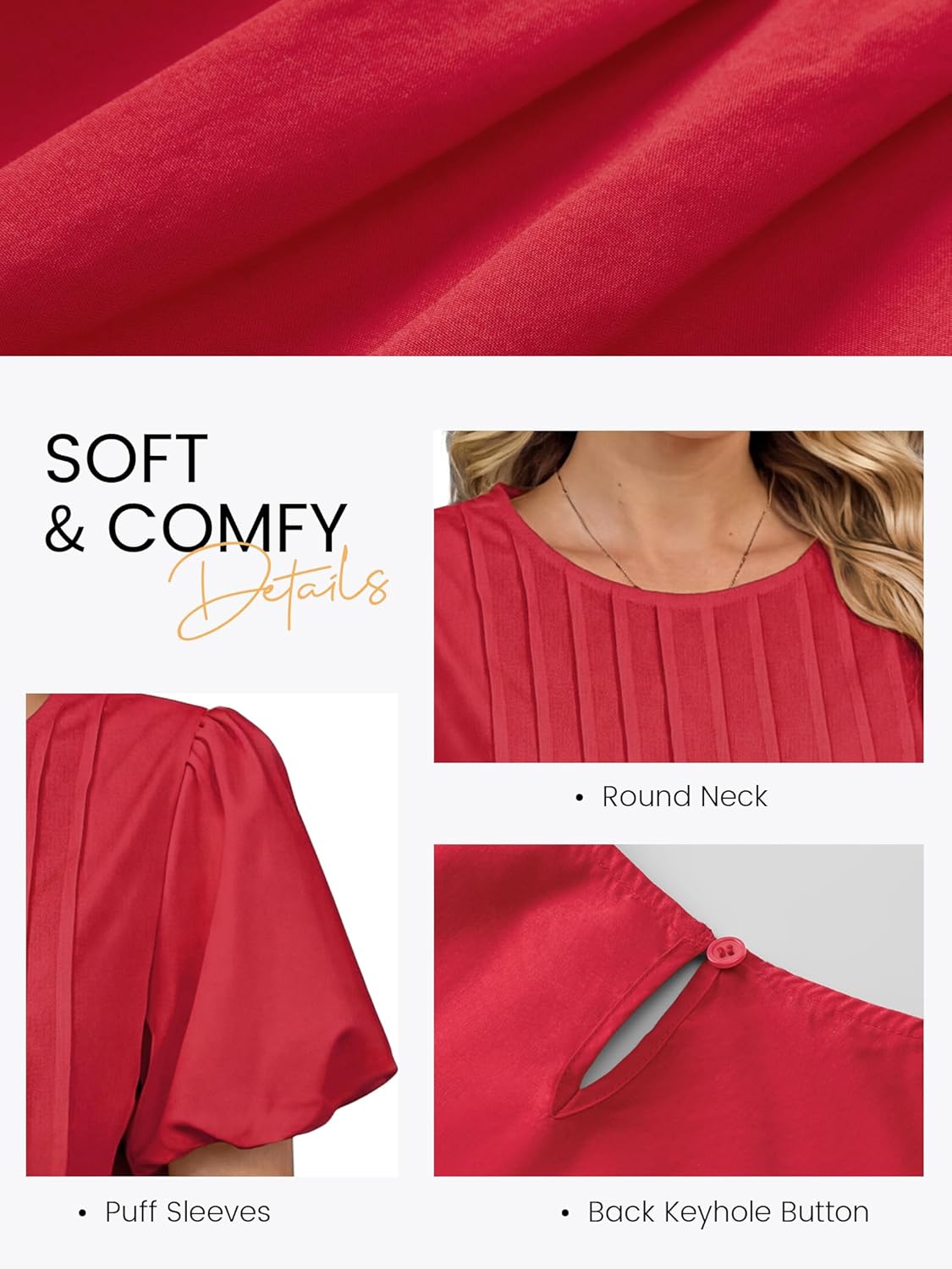 Funlingo Womens Puff Sleeve Babydoll Tops Summer Crew Neck Pleated Blouses Casual Loose Fit Flowy Swing Shirts - Image 6