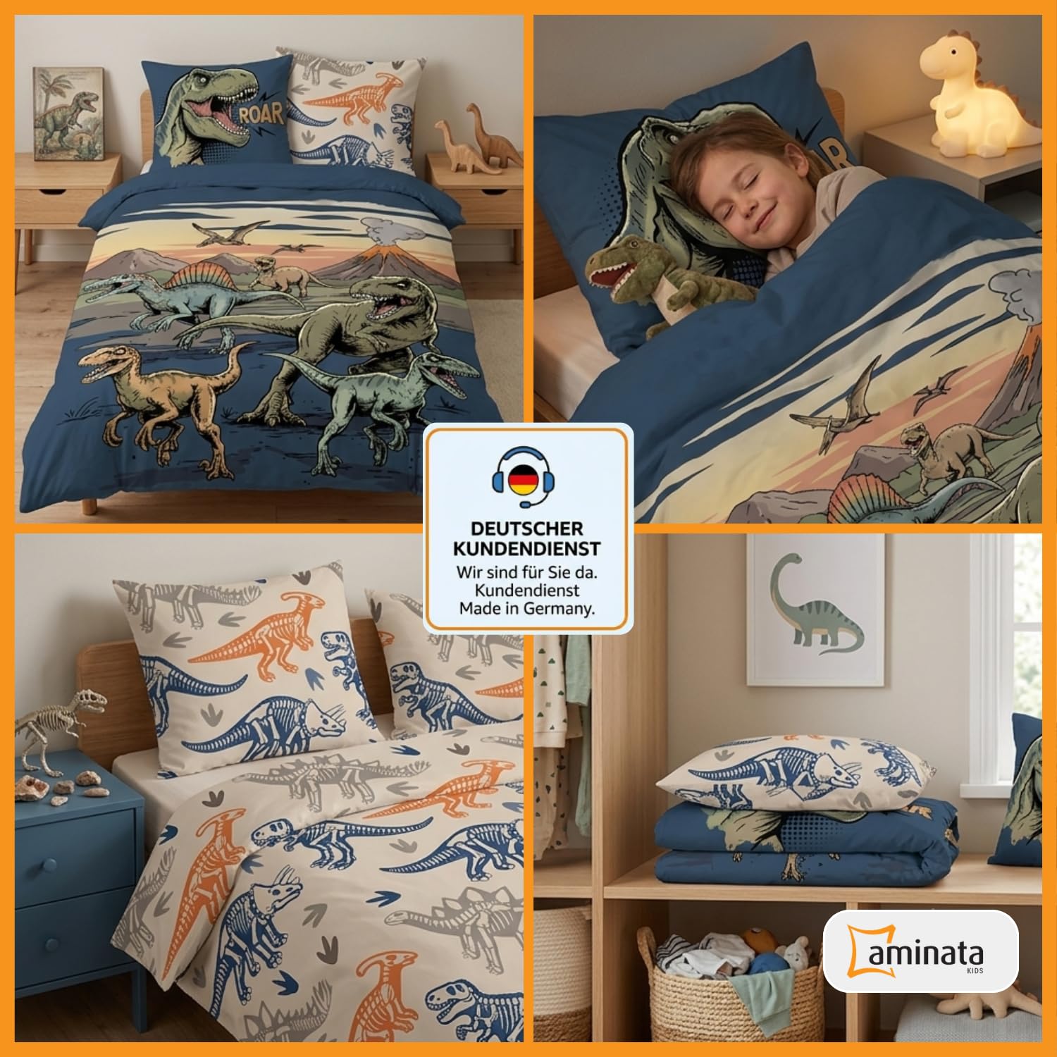 Aminata kids Bettwäsche 135x200 Dinosaurier-Motiv Jungen 100% Baumwolle