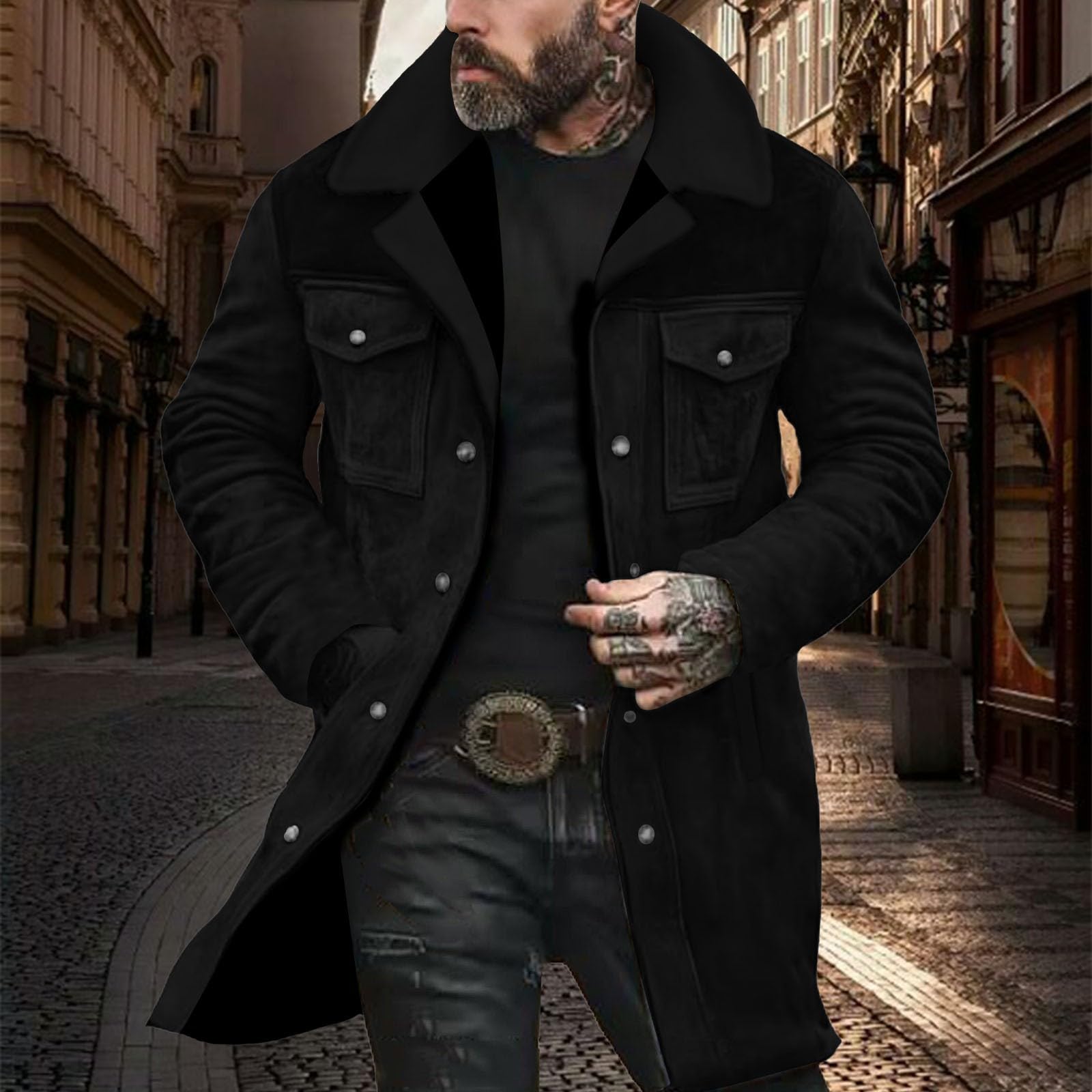 Trench da uomo di media lunghezza, in pelle scamosciata, trench da uomo | Cappotto con zip e bottone a pressione Abbigliamento da lavoro retrò Colletto con risvolto Giacche casual Blocchi di colore