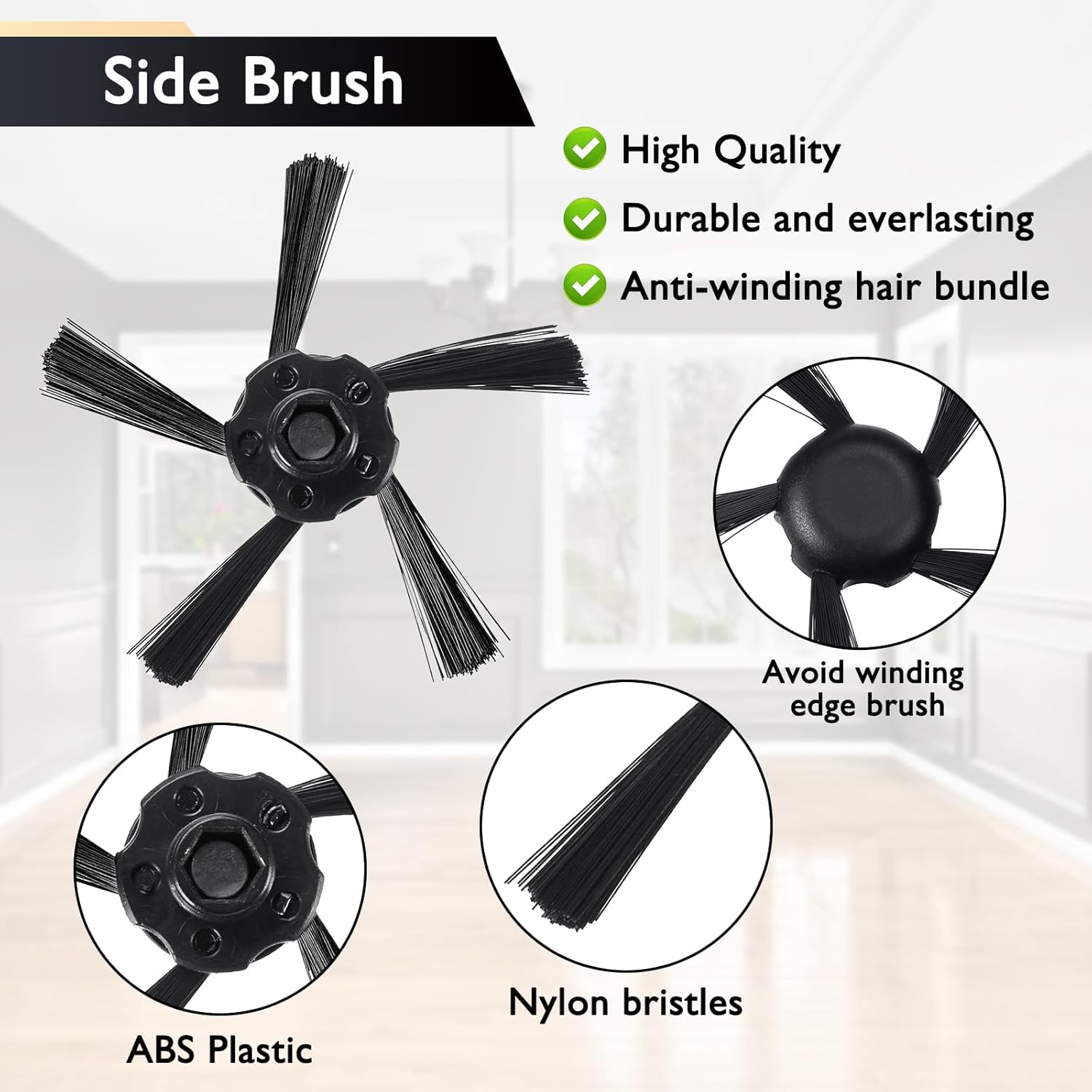 Detailed view of the 5-arm side brush, highlighting its high quality, durability, anti-winding hair bundle feature, ABS plastic, and nylon bristles.