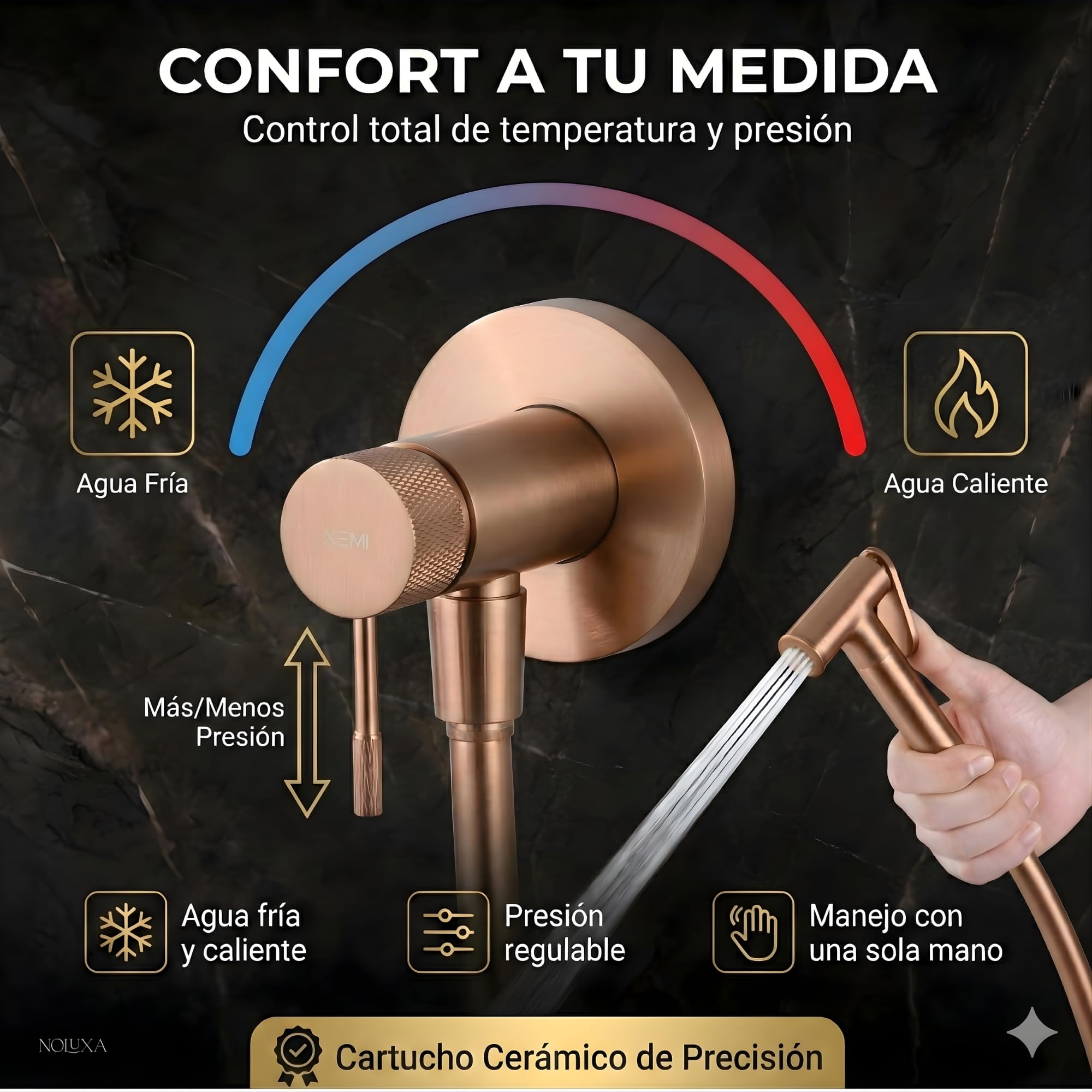 IMEX - Ducha Bidet Agua Fría y Caliente Color Oro Rosa Cepillado | Grifo Bidet Empotrado para WC | Ducha Higiénica Monomando para Inodoro | Grifería Sustituto de Bidé | Serie Line