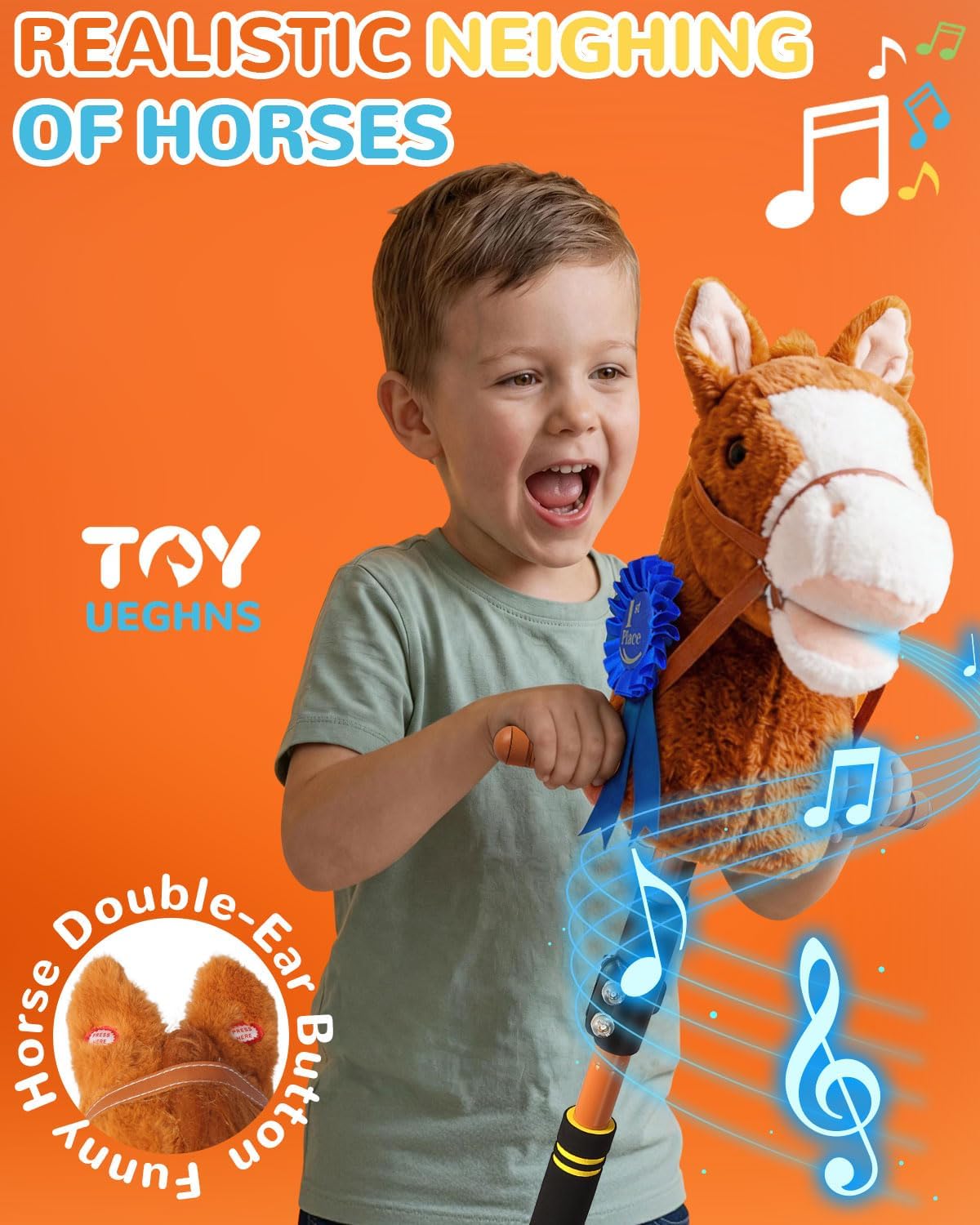 Stick Horse, Hobby Horse on a Stick for Kids Ages 4-12 Adjustable 30-52" with Illuminated Silent Wheels Comfortable Sponge Wrapped complimentary AA Batteries Realistic Horse neighs.