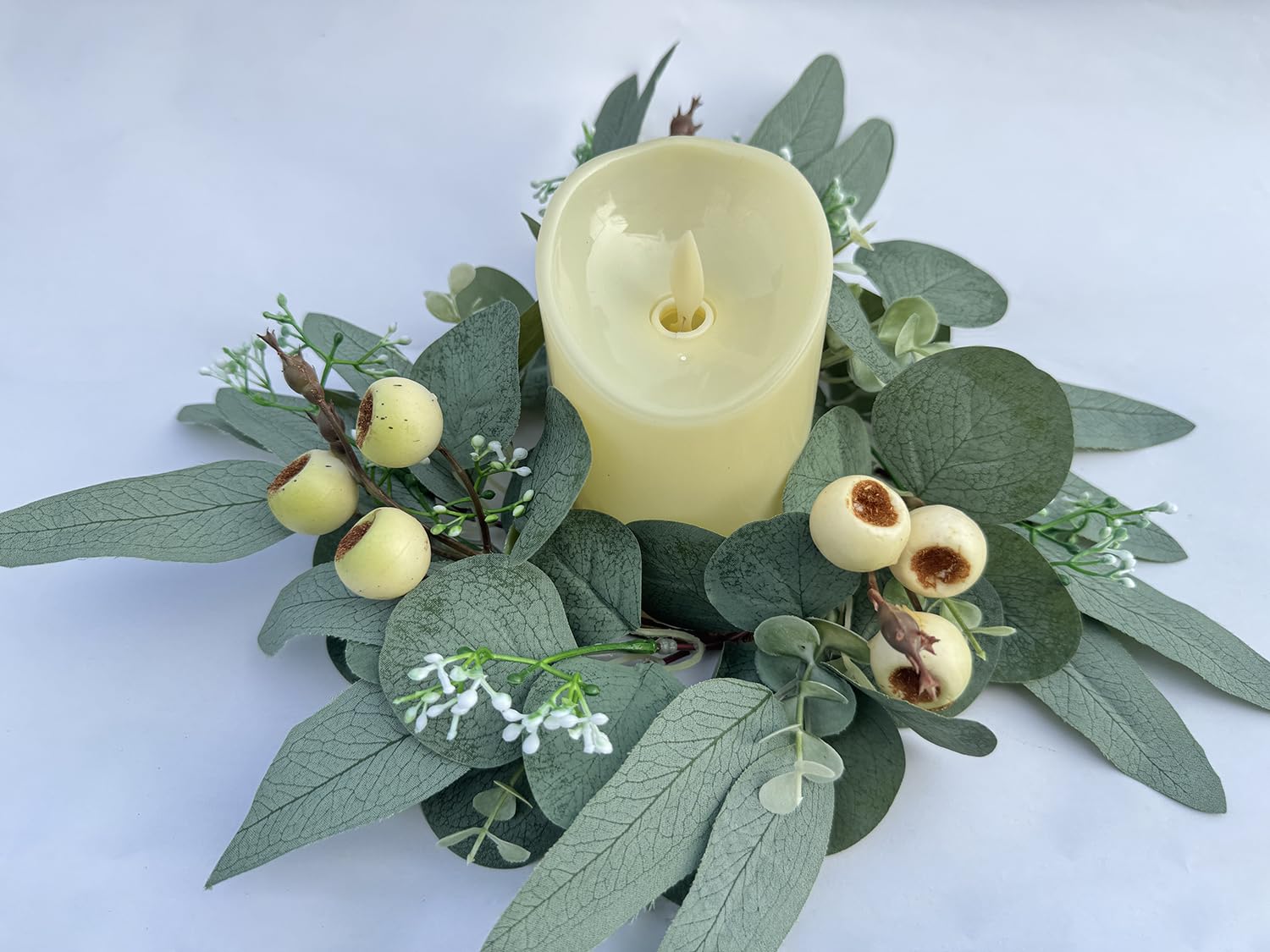 2 Pieces Candle Rings, Candle Rings Wreaths 4 Inch Center Artificial Eucalyptus Leaves Wreaths Small Boho Wreath Pillar Candle Holder for Wedding Home Door Tabletop Decor(B)