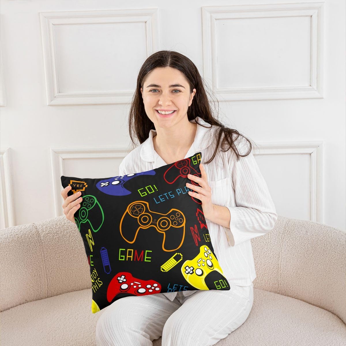 Gamer Throw Pillow Covers 20"x20" Set of 4 Soft Video Game Gamepad Pillow Cases Cushion Covers For Living Room Bedroom Kids Game Room Decor Gaming Decorative Throw Pillowcases for Sofa Couch Chair