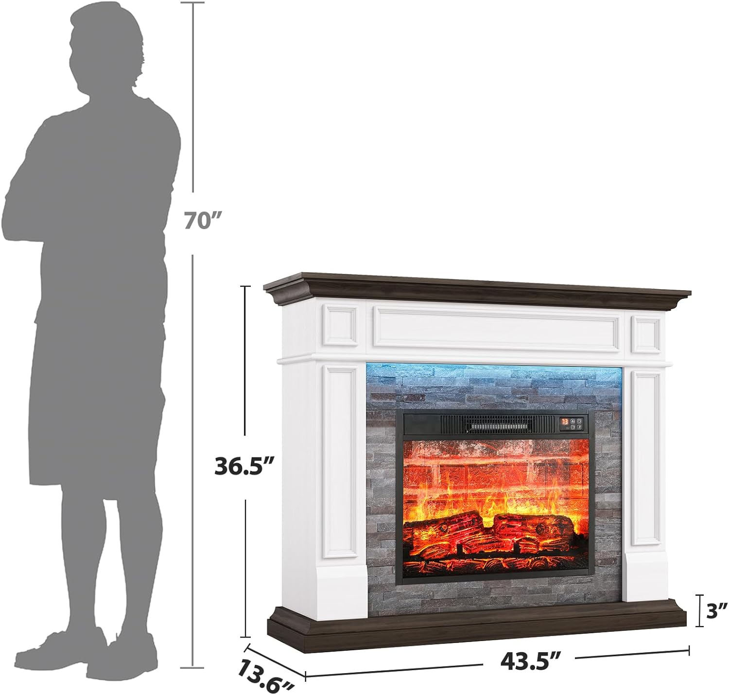 Diagram showing the dimensions of the fireplace with a person for scale