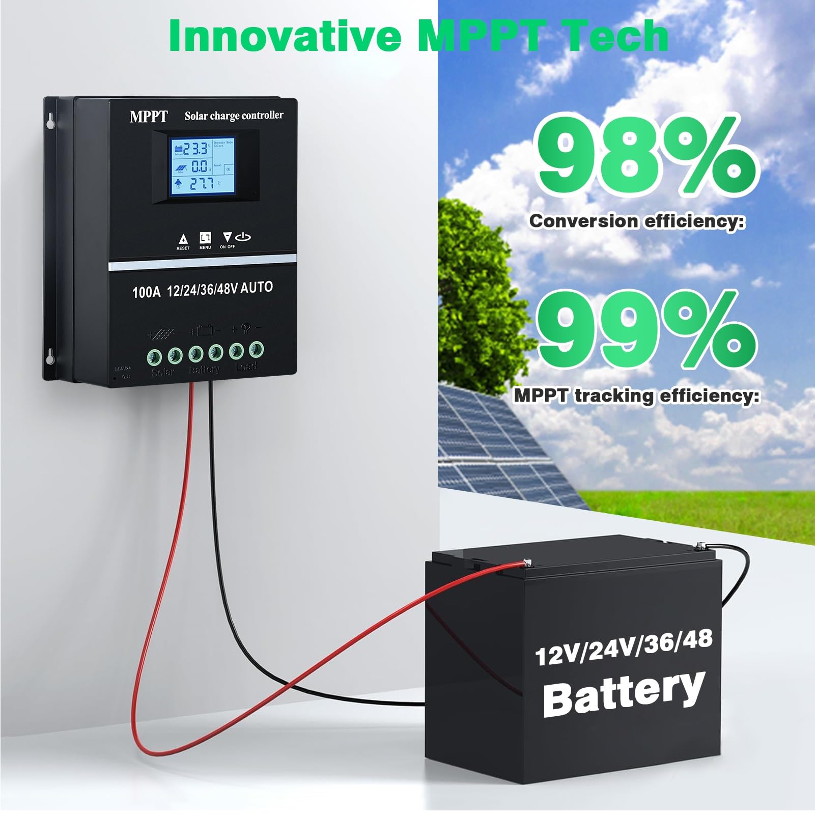 BuyWeek 100A Régulateur de Charge Solaire MPPT 12V 24V 36V 48V Contrôleur de Charge Solaire Intelligent avec Écran LCD / Double USB, pour plomb-acide / lithium, Max 100V Entrée