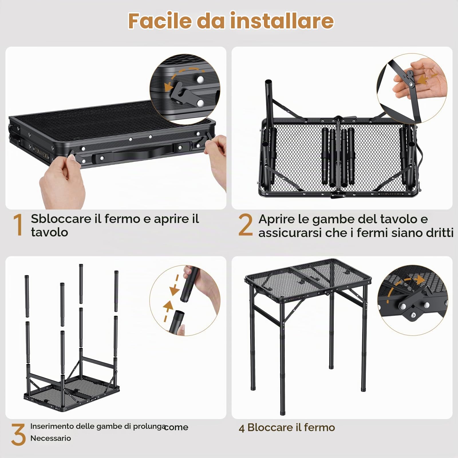Tavolo da Campeggio Pieghevole, 55,9x38,1 cm, 3 Altezze | Piano in rete di alluminio nero a 2 pieghe, maniglia integrata, altezza max 69,9 cm, per picnic, giardino e patio