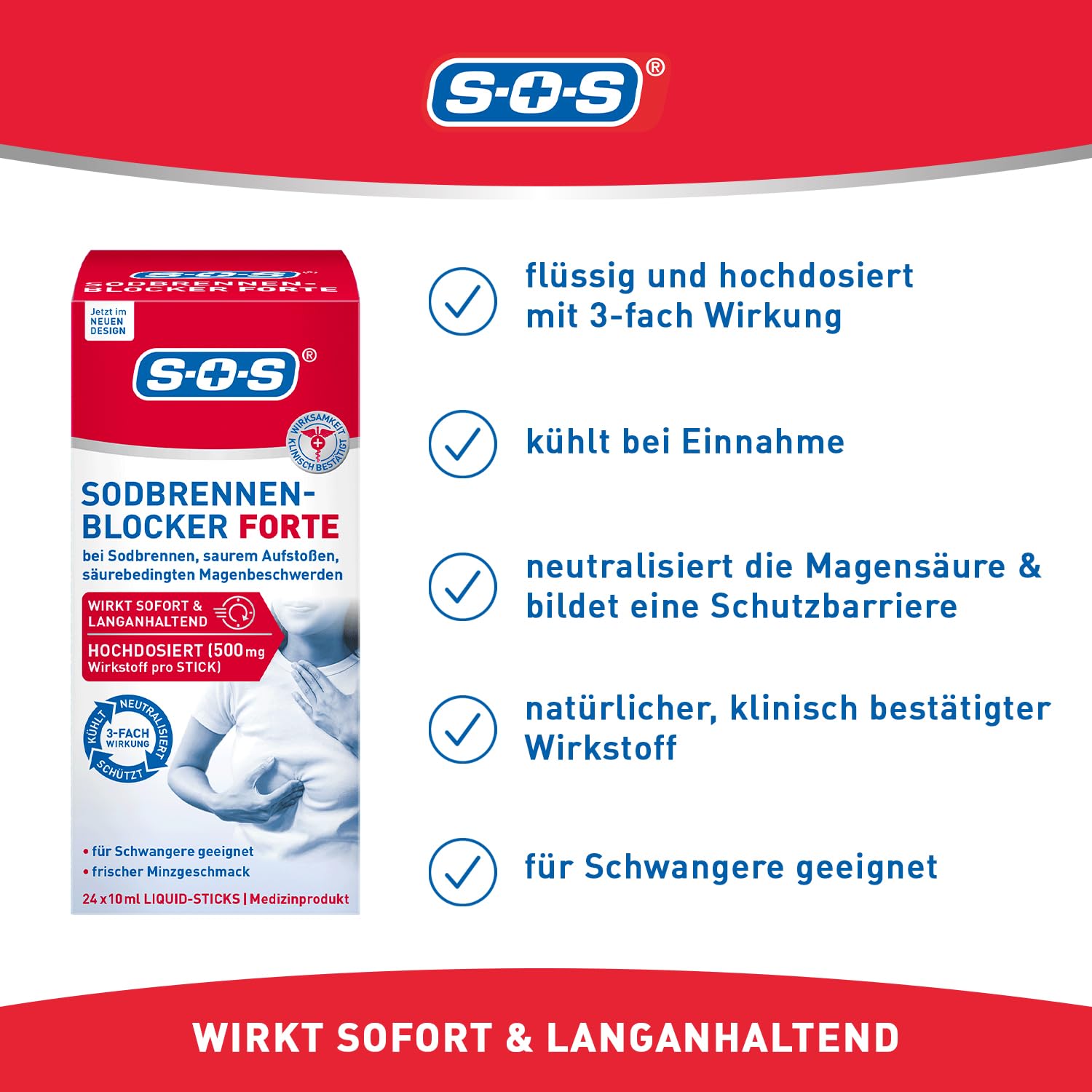 SOS Sodbrennen-Blocker FORTE (144x 10ml) - schmerzlinderndes Gel mit Minzgeschmack bei Unwohlsein & Schmerzen bei Sodbrennen oder Verdauungsstörungen