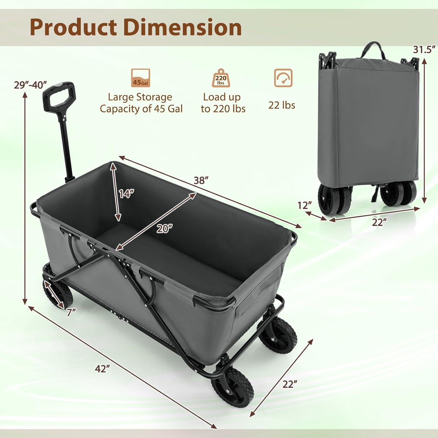 Goplus Collapsible Wagon, Foldable Garden Cart w/Adjustable Handle, Bottle Holders & Storage Pocket, Removable Fabric, 45Gal/170L Large Capacity Folding Beach Wagon for Shopping,Camping,Garden,Grocery