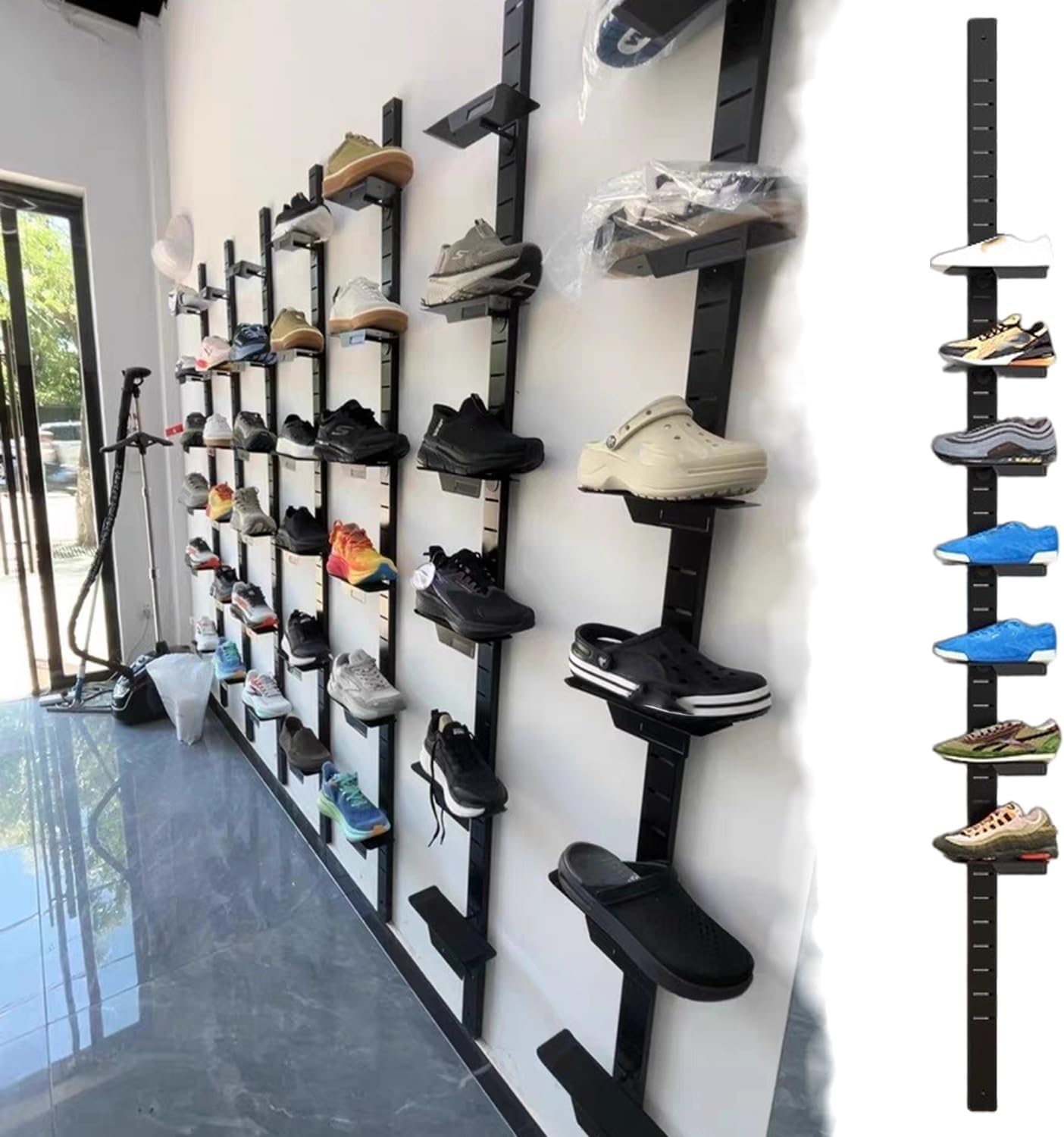 Commercial Hanging Shoe Pole with Adjustable Trays, Small Spaces Vertical Sneaker Organizer, Store Corner Cupboard Boots Display Shelf(Black,110cm/43in/3.6ft)