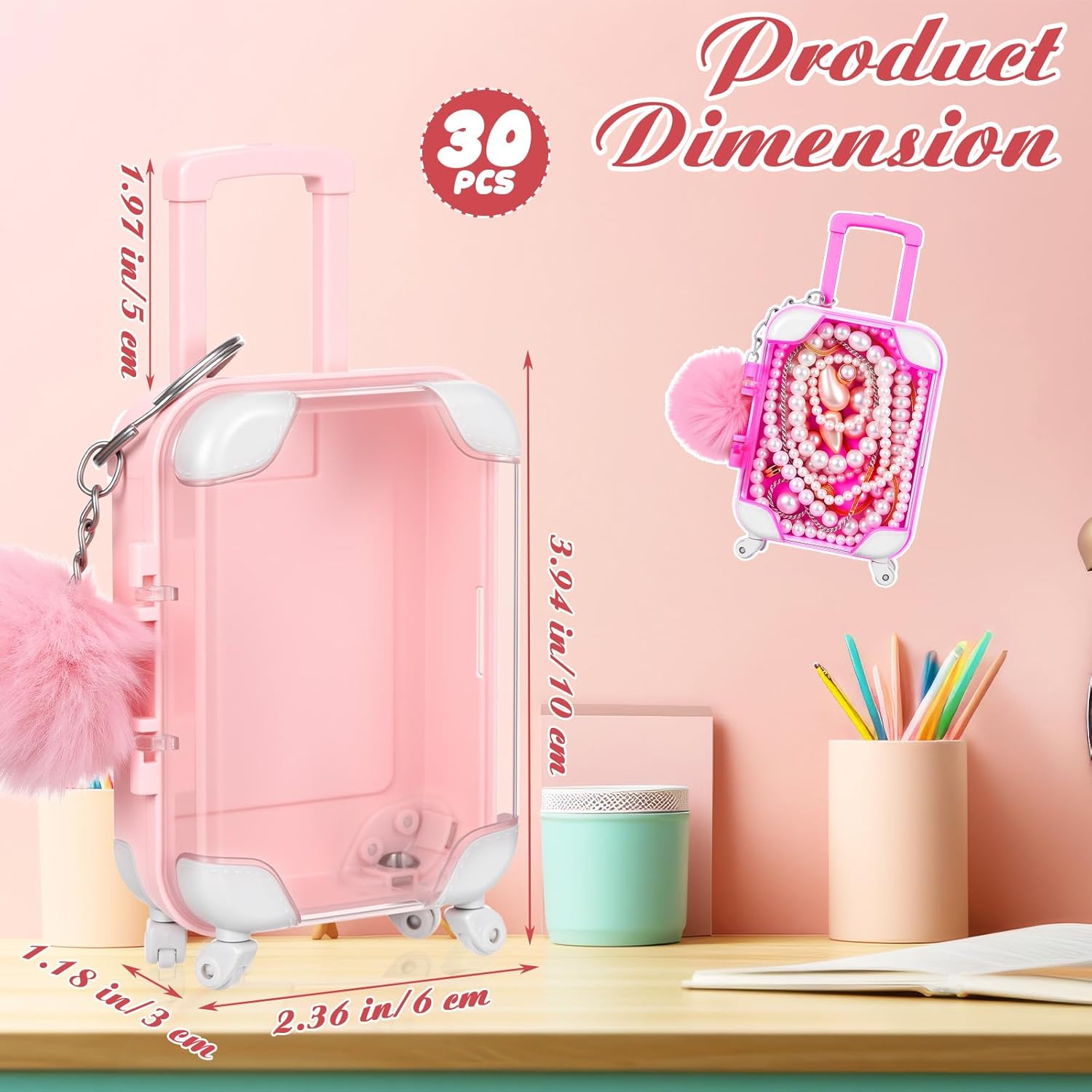 Fiwochic 20 Pcs Translucent Mini Suitcase Party Favor Boxes with 20 Plush Keychains, 3.94"x2.36" Clear Luggage Treat Boxes, Small Jewelry Lash Packaging for Bachelorette Bridal Shower (Pink Rose Red)