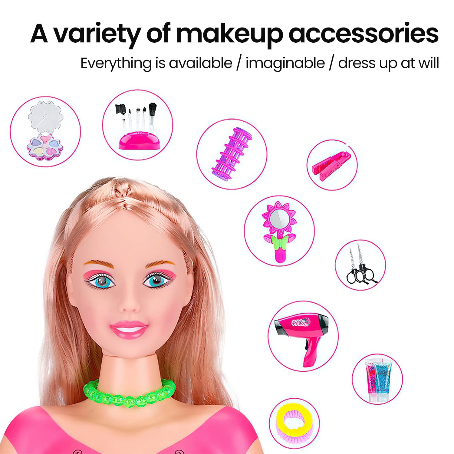 Testa da acconciare, 35 teste per acconciare e truccare, giocattolo per ragazze dai 1 ai 9 anni, Testa per acconciature e trucco per bambola (Rosa), Tete à coiffer