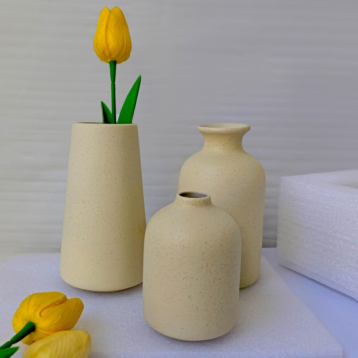 Beige Ceramic Vases Set of 3 for Pampas Grass & Dried Flowers, Creative Modern Boho Farmhouse Décor, Small Ceramic Vase for Shelf, Desk, Bookshelf and Entryway - Image 7