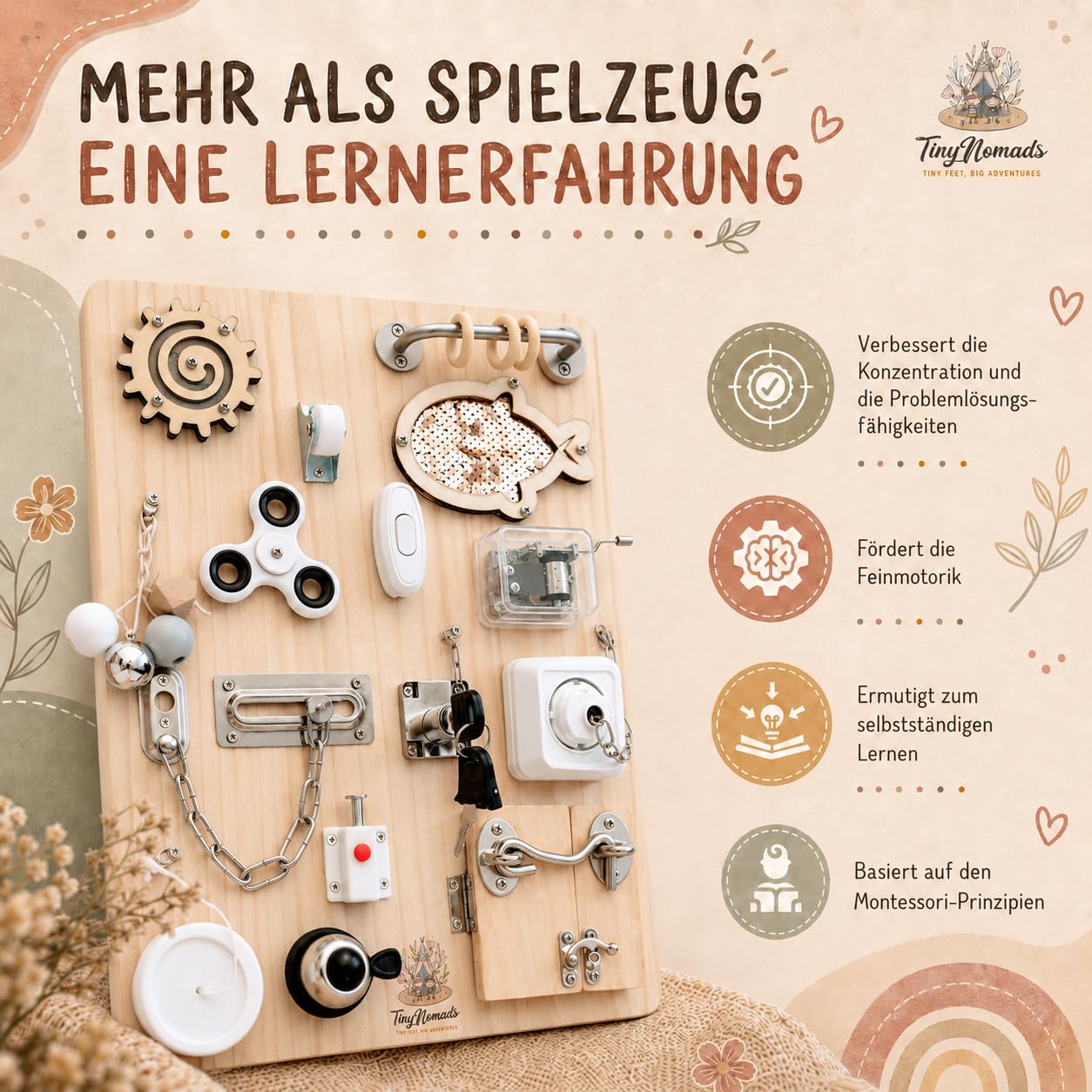 Montessori Busy Board aus Holz | Motorikbrett mit 15 Aktivitäten | Activity Board fur Kleinkind Beschäftigungsbrett Sensorik Lernspielzeug reisespielzeug Aktivitätsbrett