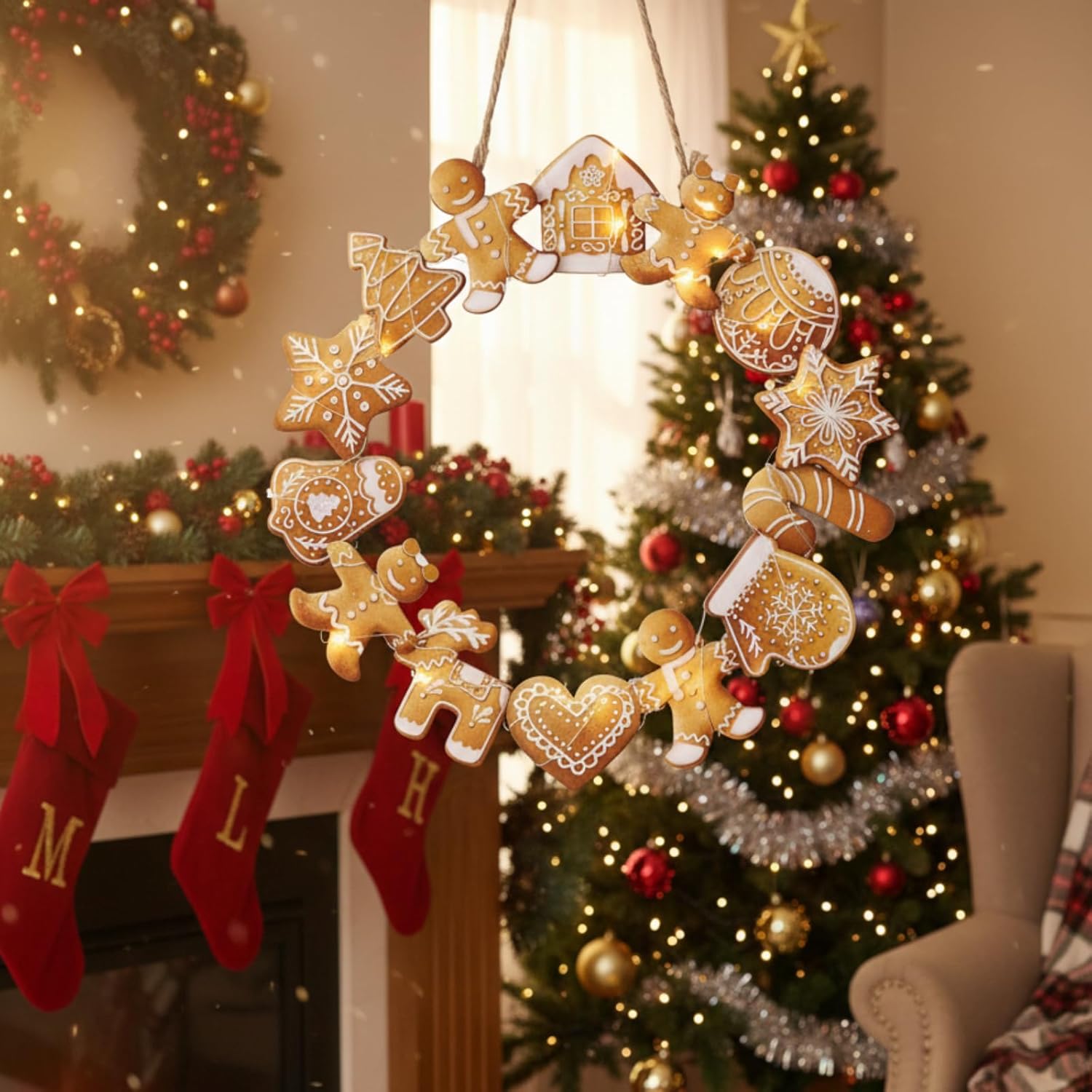 Gingerbread Man Christmas Wreath with Light LED Wooden Gingerbread Man Hanging Decoration for Christmas Tree Ornaments Xmas Indoor Outdoor Wall Decoration Hanging Sign for Front Door - Image 5