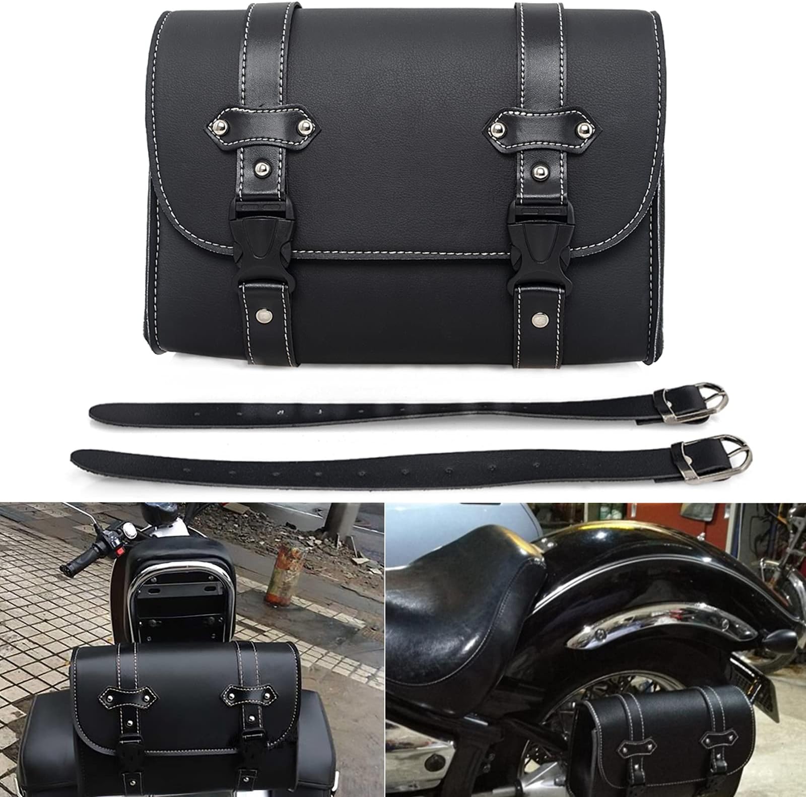 Motorcycle Saddle Bag - Black PU Leather Motorcycle Handlebar Tool Bag Waterproof Travel Luggage Side Bag Universal Tail Pouch with 2 Mounting Straps