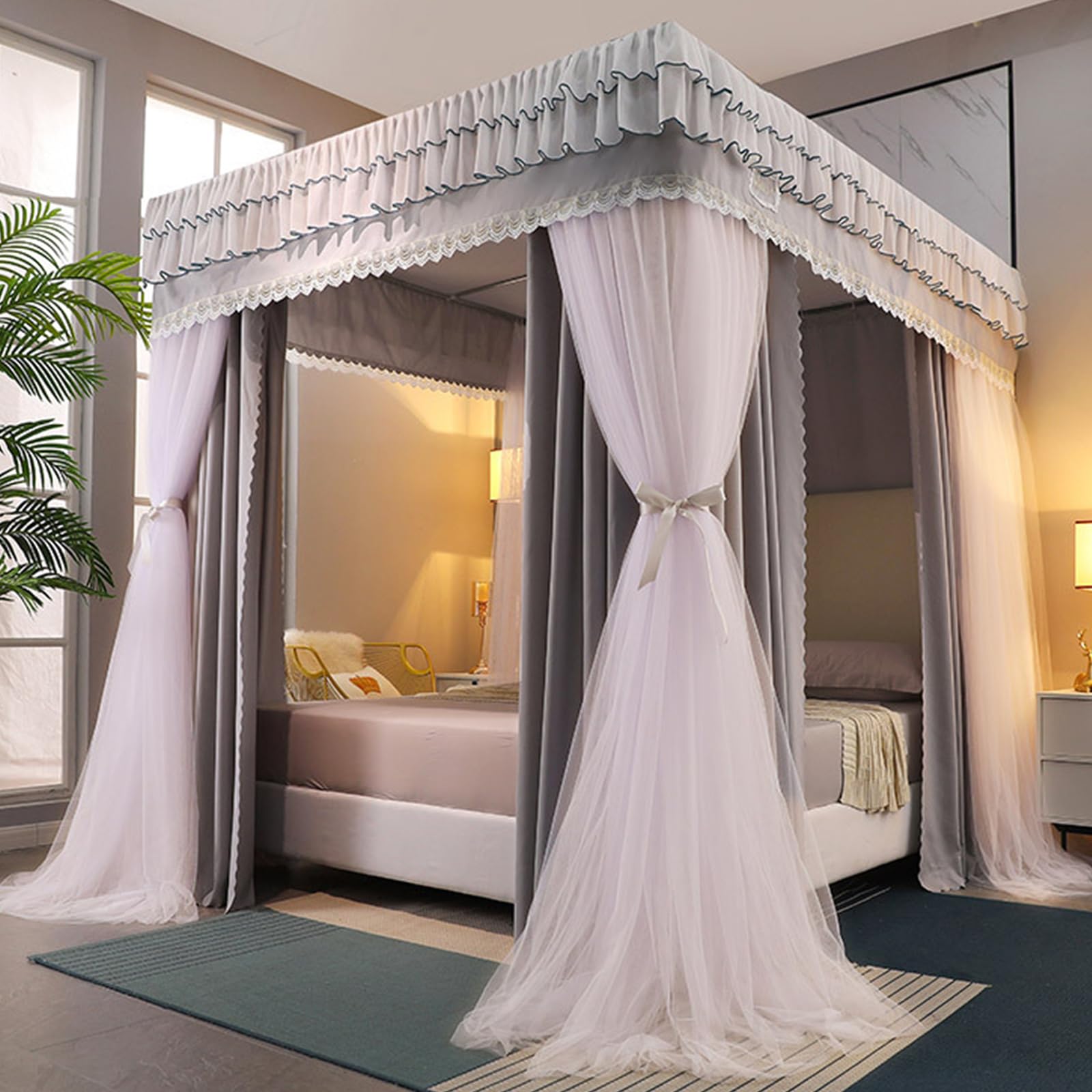 GJMSSMY 4 Corners Post Princess Curtains Bed Canopy for s, 4 Opening Queen King Bed Tent Netting Mosquito Net - Double Layer Sheer Mesh Canopies Drapes s Room Decor