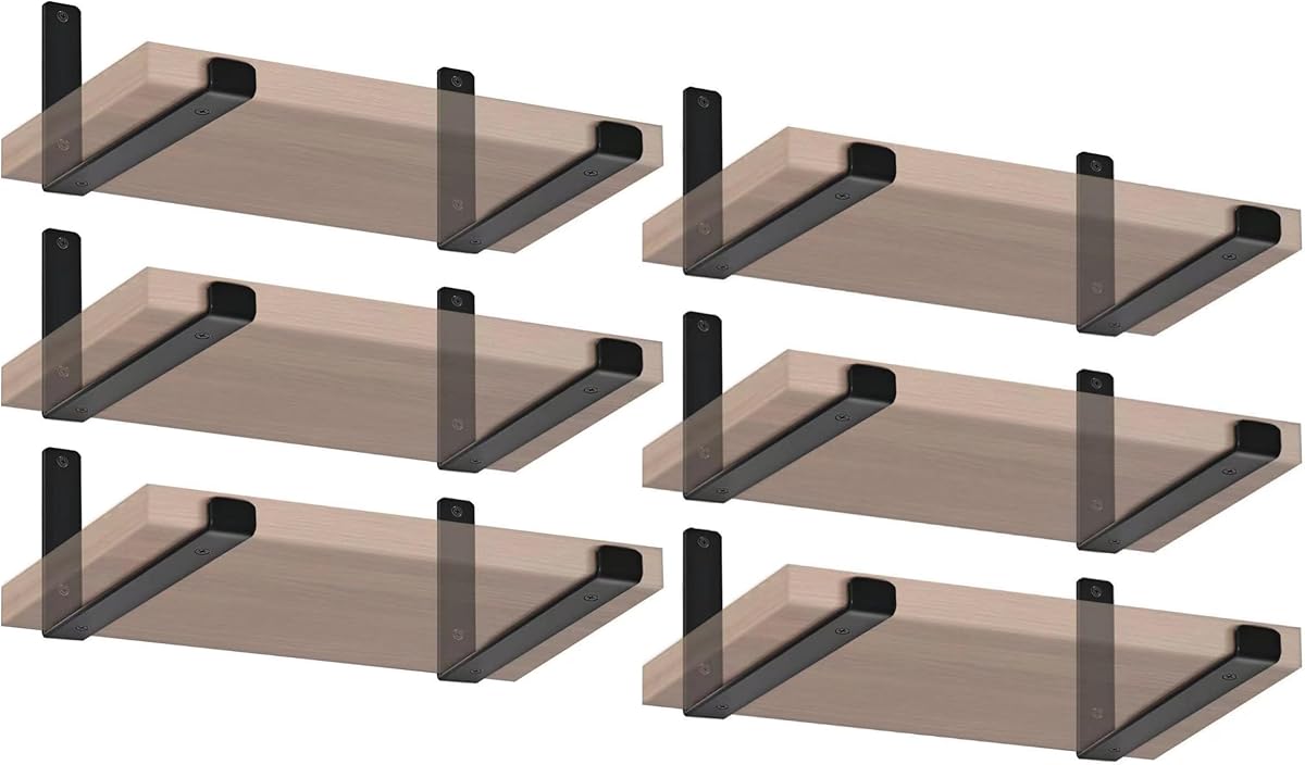 12 Pack - 9.25" L x 6" H x 1.5" W J Lip Shelf Brackets Rustic Farmhouse Iron Wall Floating Shelf Bracket Metal Shelf Bracket Industrial Shelf Supports with Screws Black