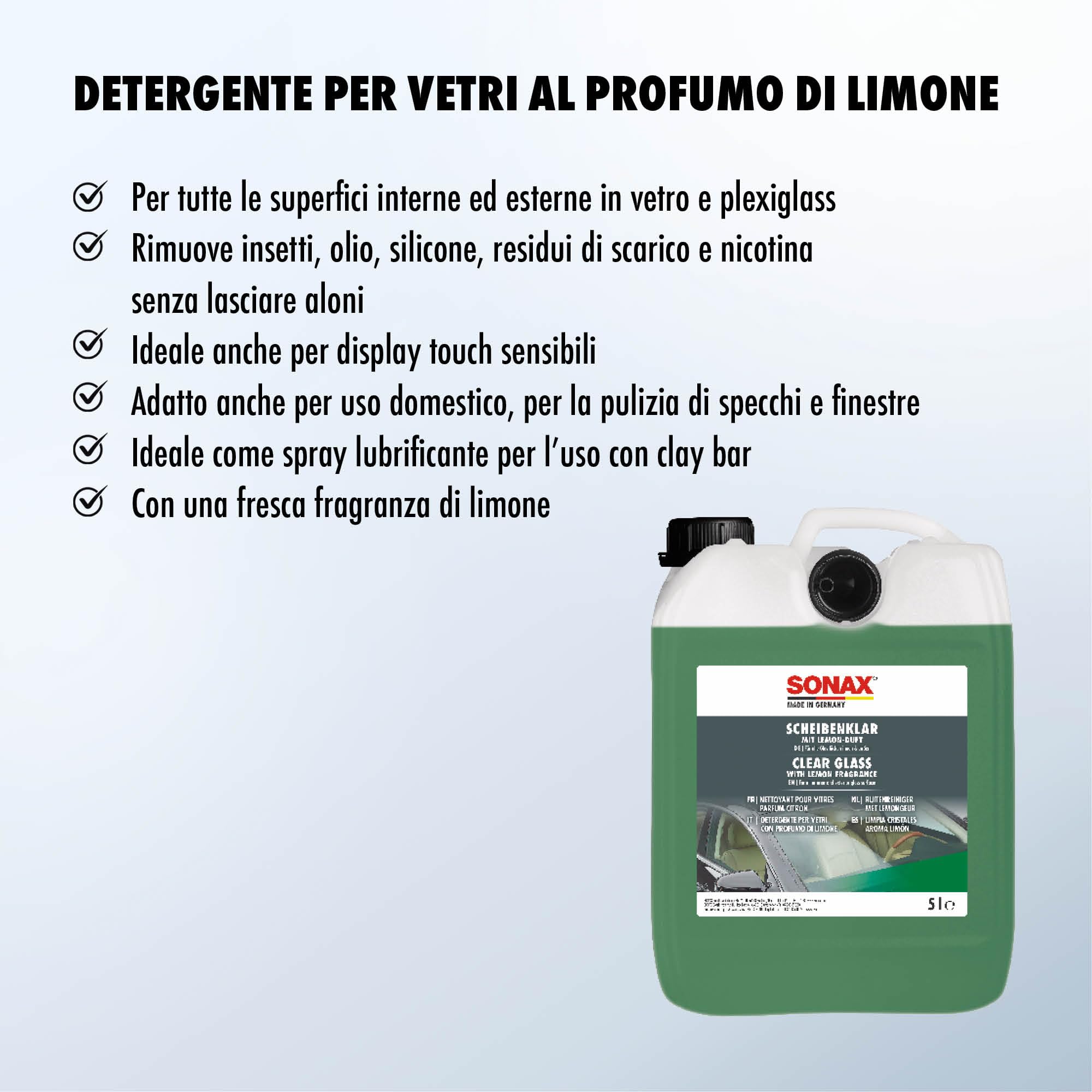 SONAX Detergente per vetri con profumo di limone (5 Litri) rimuove silicone, olio e insetti da parabrezza e fari | Art. N. 03385050