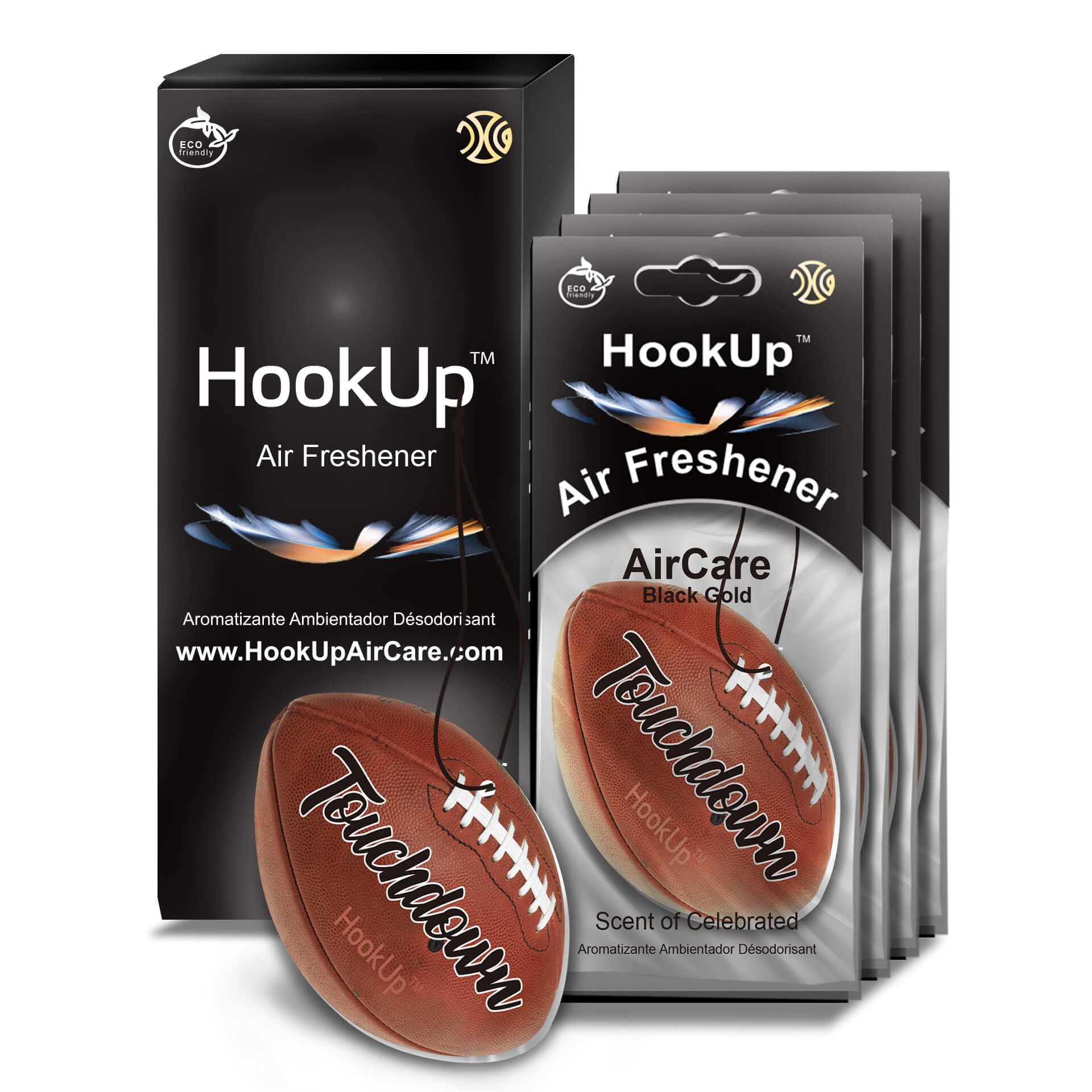 Football Car Air Freshener by HookUp - 4 Pack - Black Gold Scent (Extra Strong) | Unique Football Gift for Players, Coach, Fans | Hanging Car Accessory with Long Lasting Fresheners Smell