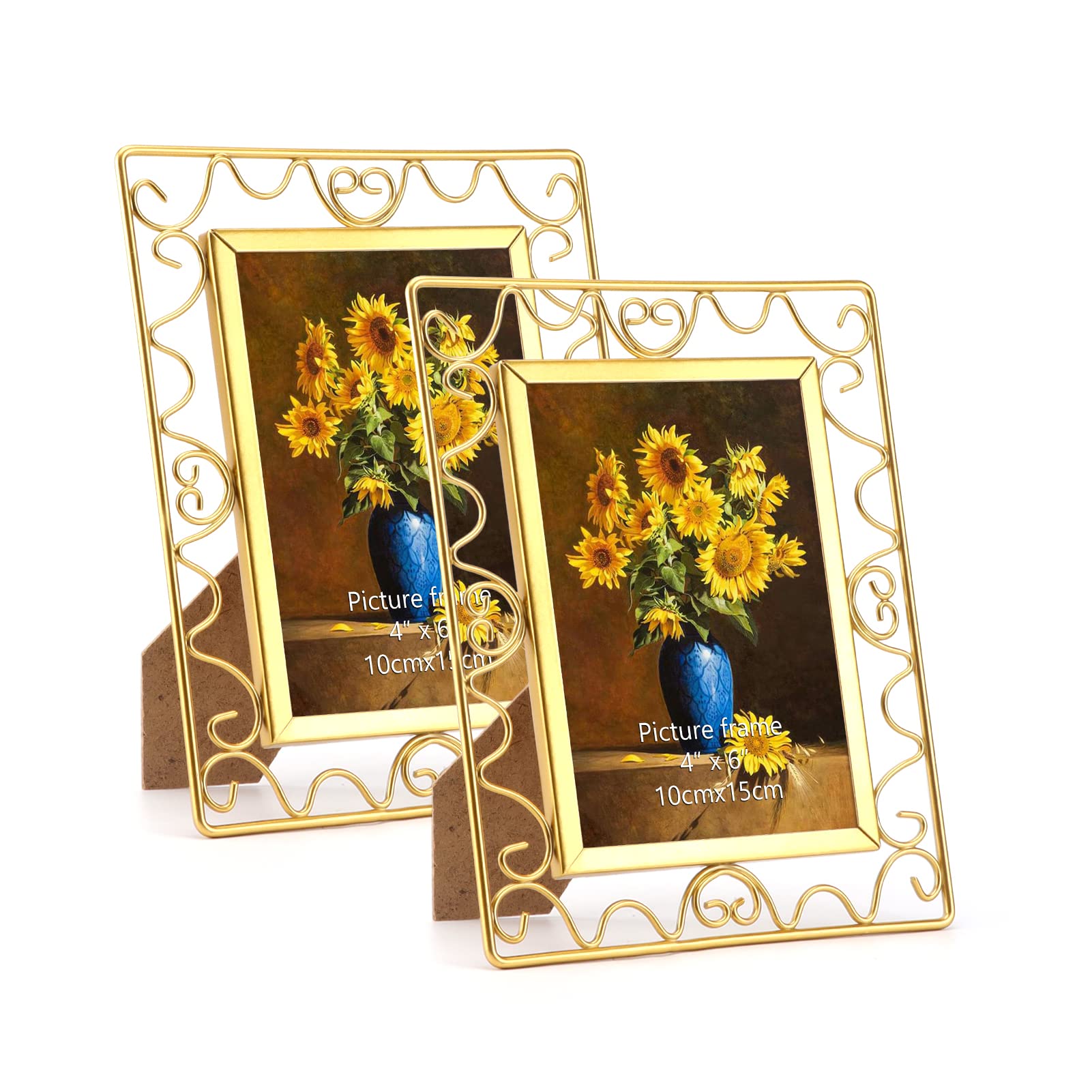 4x6 Picture Frame Gold Metal Spiral Flower 4 by 6 Photo Frames for Tabletop or Wall, Set of 2