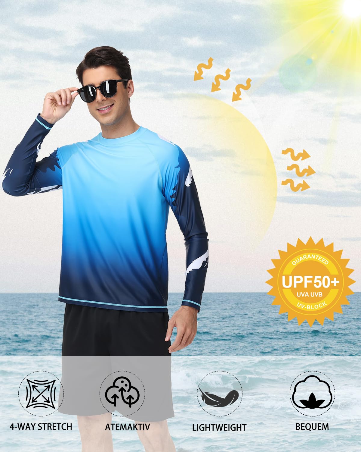 Maglietta UV a maniche lunghe UPF 50+ - Rashguard ad asciugatura rapida per nuoto, surf e pesca