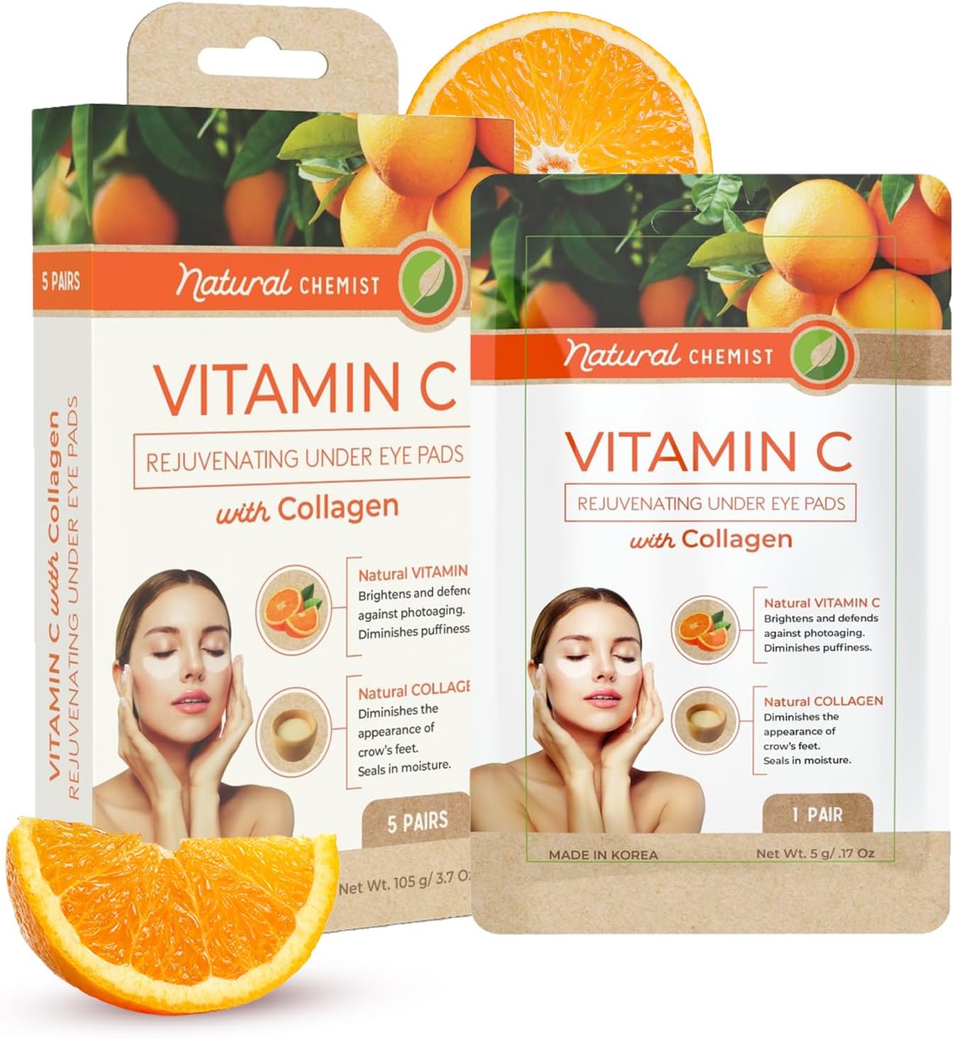 Vitamin C & Collagen Under Eye Patches - Anti-Aging, Reduces Dark Circles, Hydrating, Dermatologist Tested, Cruelty Free Korean Skin Care For All Skin Types - 5 Pairs