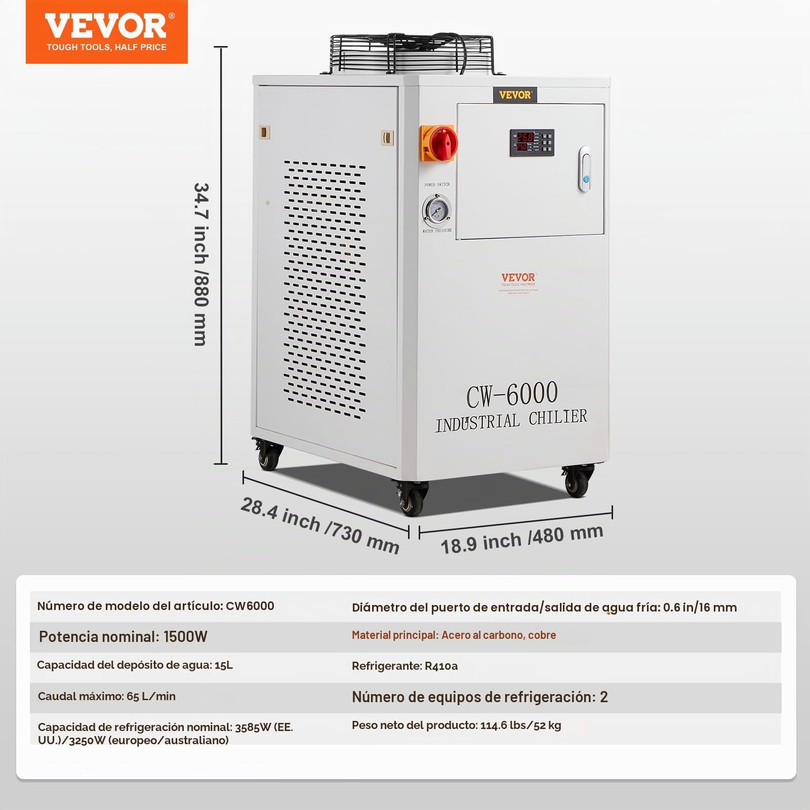 VEVOR Enfriador de Agua Industrial, Sistema de Enfriamiento de Enfriador de Agua Industrial con Compresor Capacidad del Tanque de Agua de 15 L, 65 L/min Tasa de Flujo Máximo, Máquina de Enfriamiento
