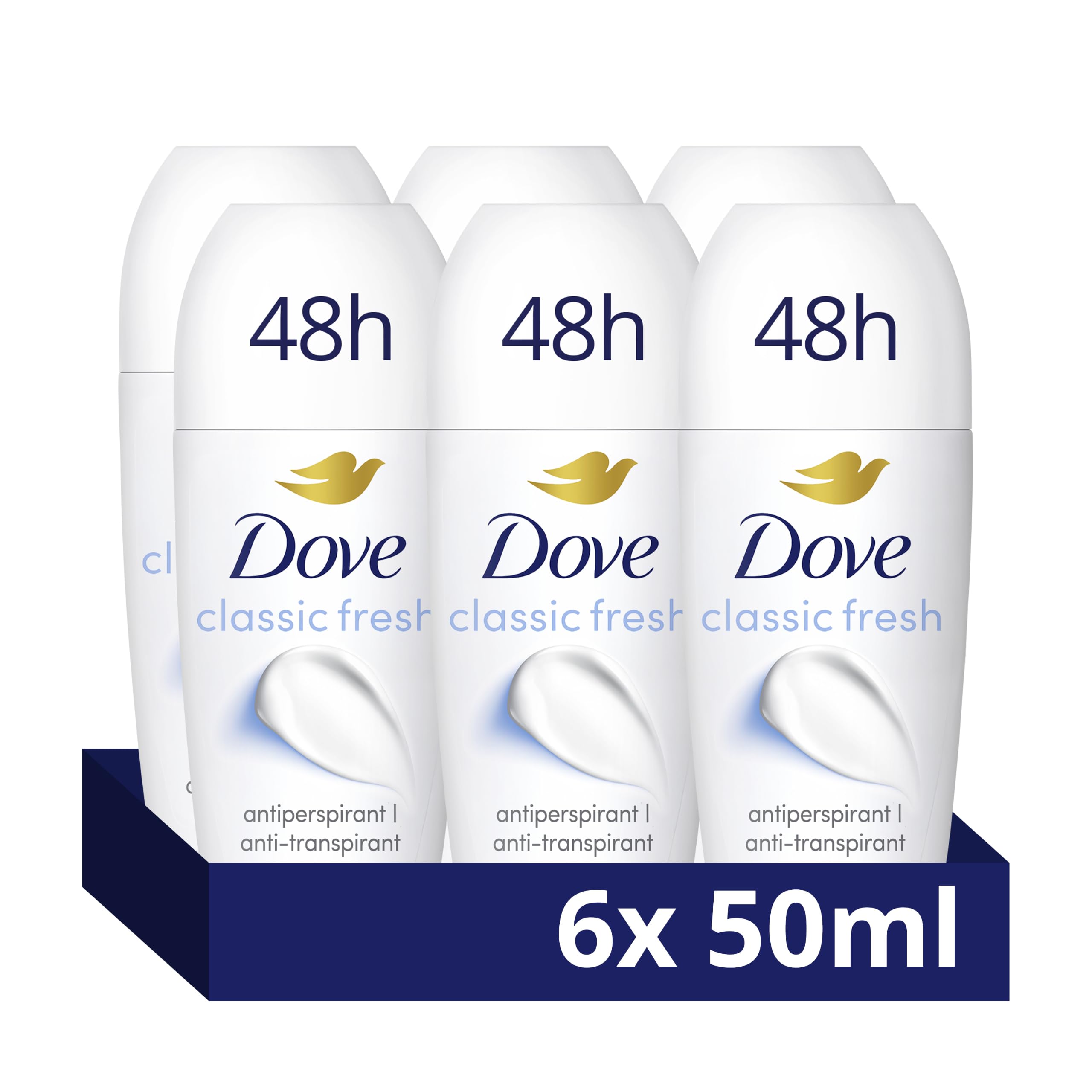 Dove Classic Anti-Perspirant Roll On Women's Deodorant with ¼ moisturising cream for 48 hour sweat protection and long-lasting fragrance 6x 50 ml