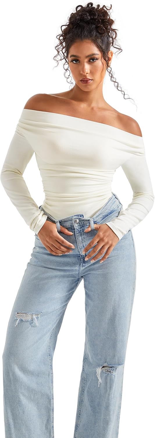 SUUKSESS Women Long Sleeve Off Shoulder Tops Trendy Cowl Neck Going Out Shirt for Fall - Image 2