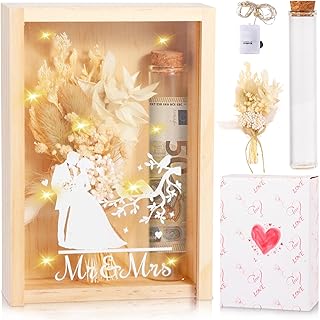 VBAIFAyy Hochzeitsgeschenk Box Set, Mr und Mrs Geschenkbox mit Holzbox, Trockenblumen, Reagenzglas und Lichterketten, Geldgeschenk zur Hochzeit