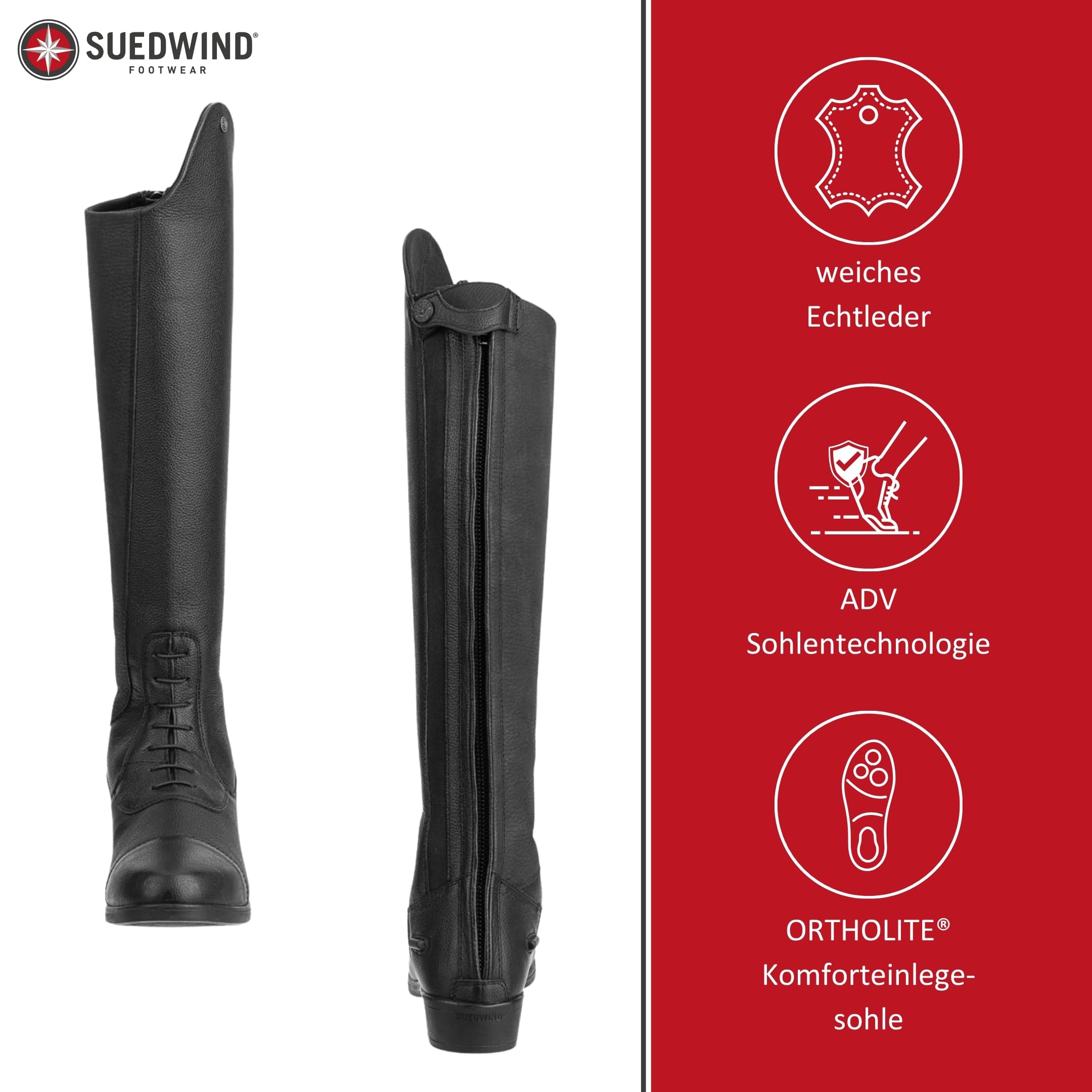 SUEDWIND FOOTWEAR Leder Reitstiefel für Damen Advanced II Tall Soft – Lederstiefel zum Reiten – Stiefel mit Schnürung, Reißverschluss & Ortholite-Innensohle – schwarz – Größe 37-43