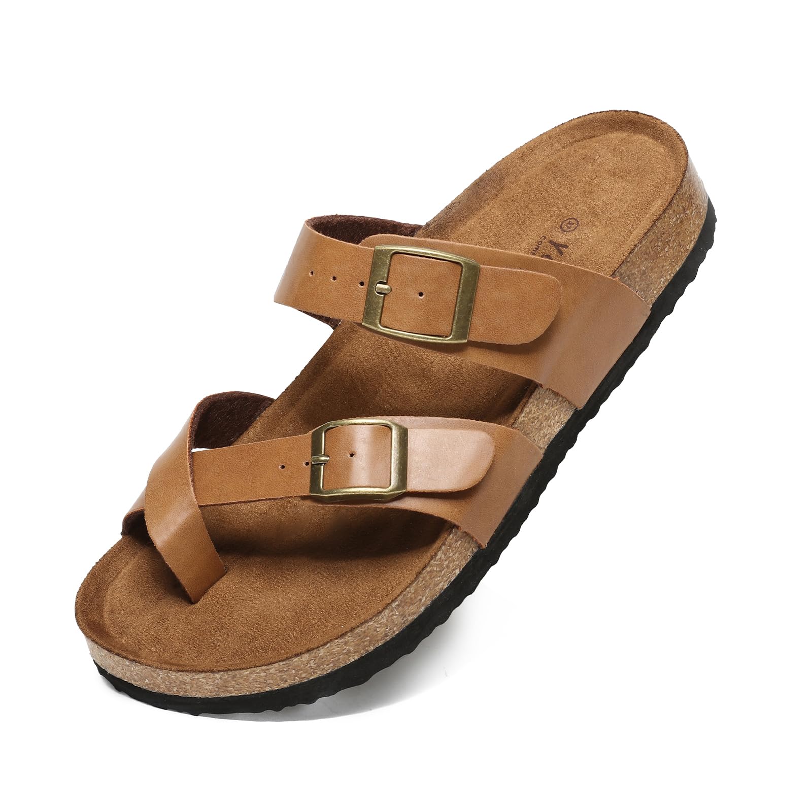 Yozuru Womens Cork Footbed Sandals Comfort Open Toe Slides Adjustable Buckle Beach Summer Flat Sandals with Arch Support
