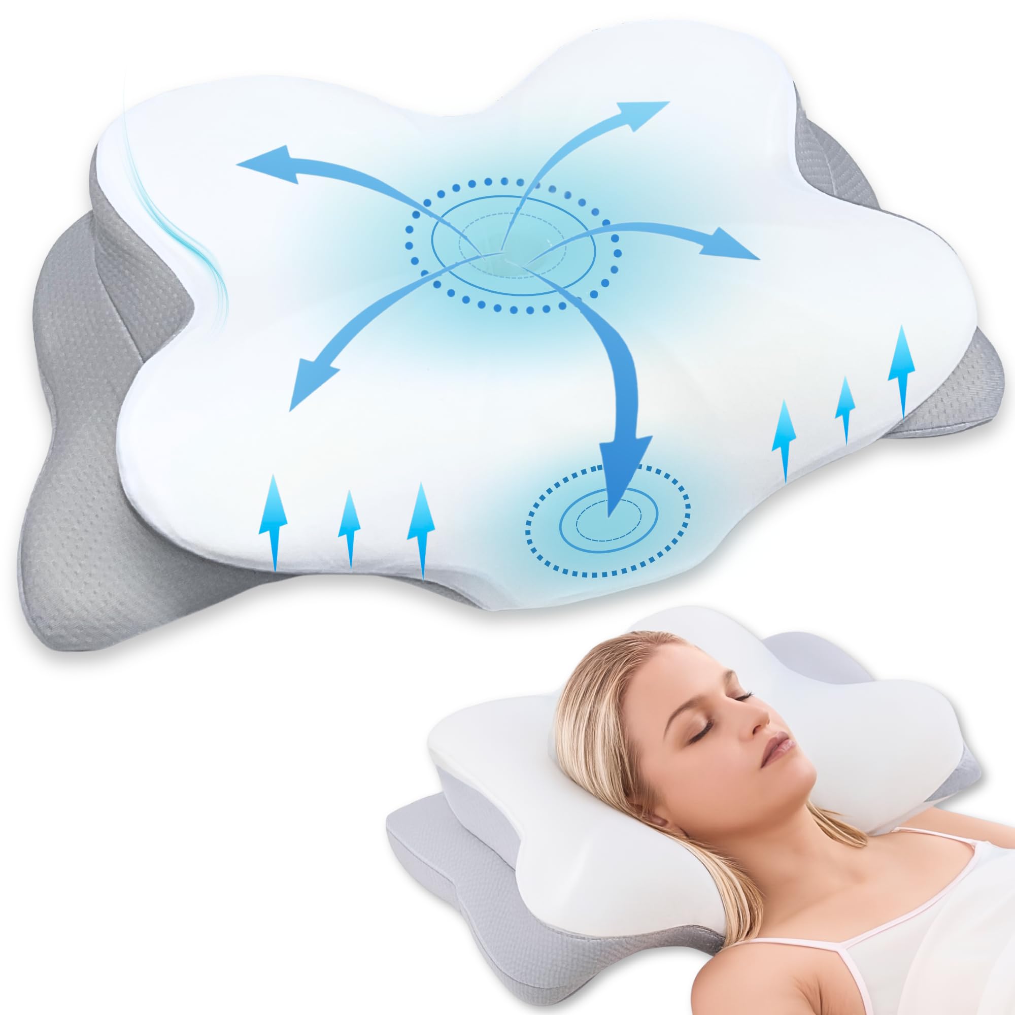 BUYLUX® Almohada Cervicales y Cuello Ergonómica 2en1 Premium | Almohada Viscoelastica Cervical Antironquidos para Dormir de Lado o Boca Arriba para Viaje | Pillow para Dolor de Cuello y Dormir Mejor