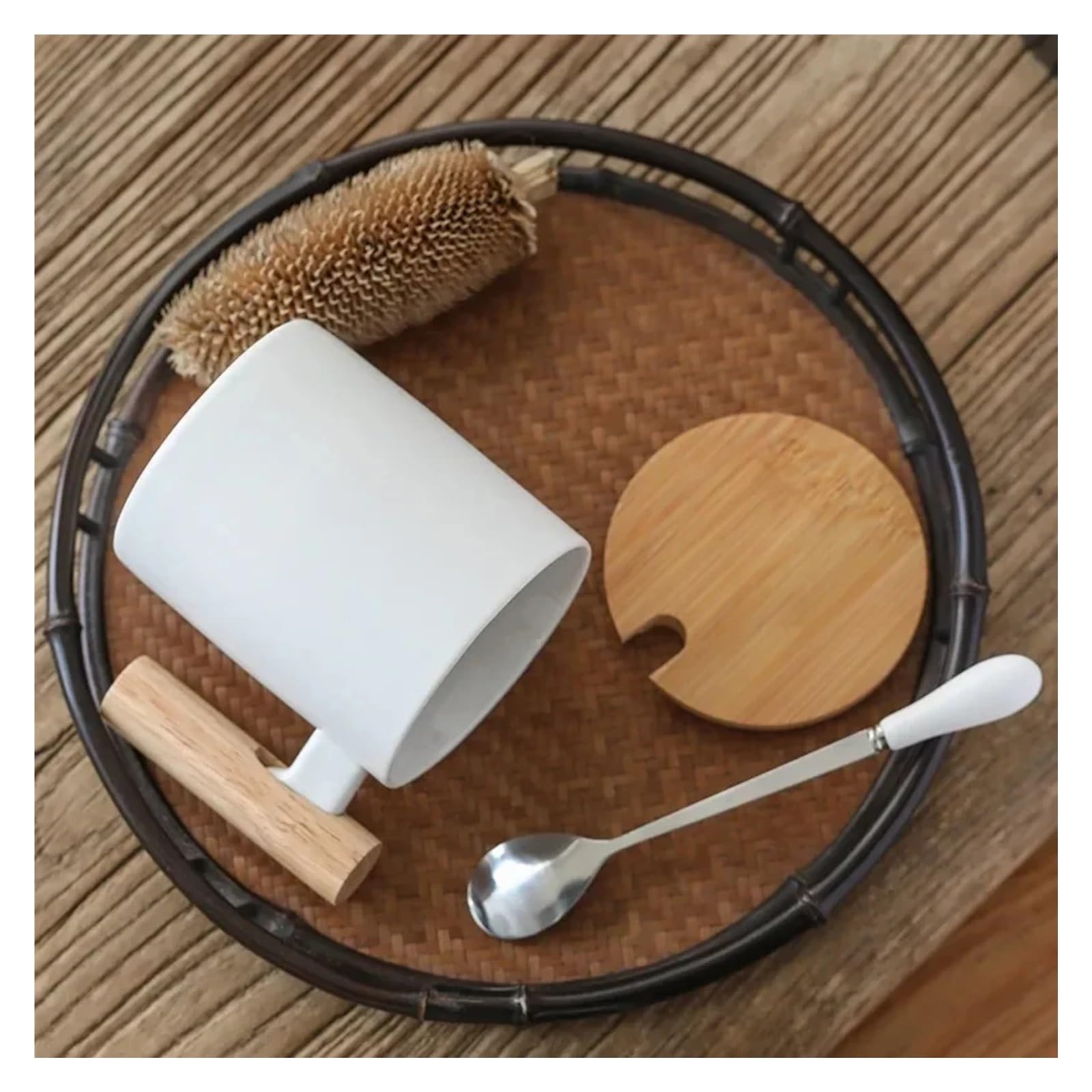 Tasse Mit Deckel 2 stücke 310ml Keramik Holz Griff Kaffee Tasse Mit Deckel Und Löffel Milch Paar der Becher(Black)