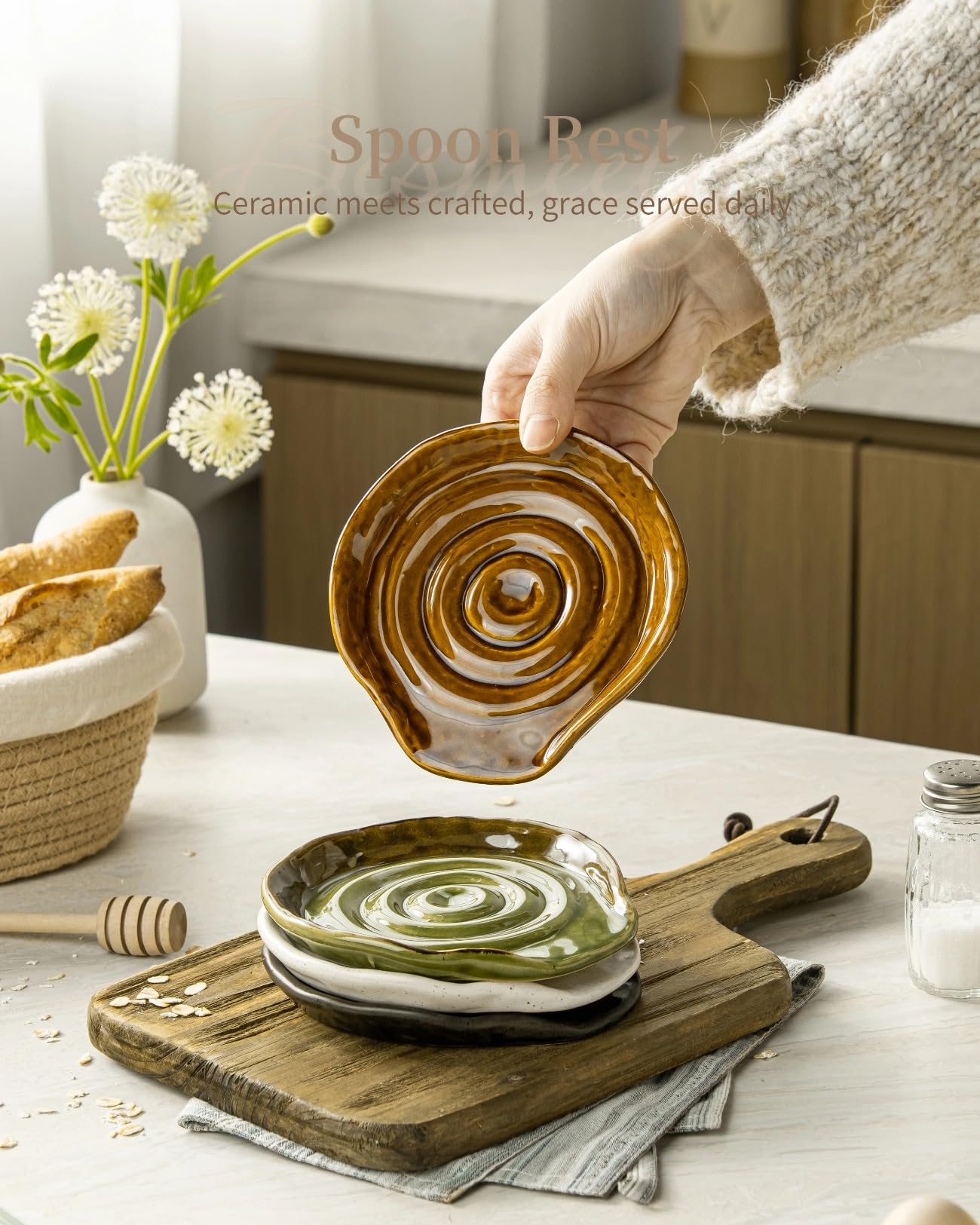 Besmeety 13 cm Löffelablage Keramik, Kochlöffelablage, Kochlöffelhalter, Spoon Rest, Kochlöffel Halter, Löffelhalter (Antikkupfer)