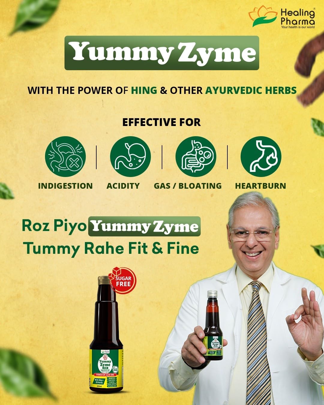 Healing Pharma - Yummy Zyme Digestive Enzyme Syrup | Ayurvedic Digestive Tonic with Hing & 25 Herbs | Relieves Indigestion, Bloating, Heartburn & Intestinal Gas | Sugar Free | 225 ml