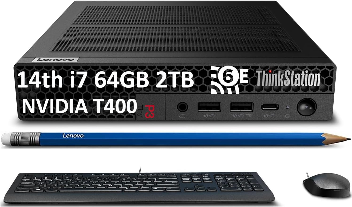 Lenovo ThinkStation P3 Tiny Workstation Desktop (Intel 14th gen 20-Core i7-14700, 64GB DDR5 RAM, 2TB SSD, NVIDIA T400 4GB GPU) Mini Business PC, Keyboard, Mouse, Wi-Fi 6E, 3-Year Warranty, Win 11 Pro