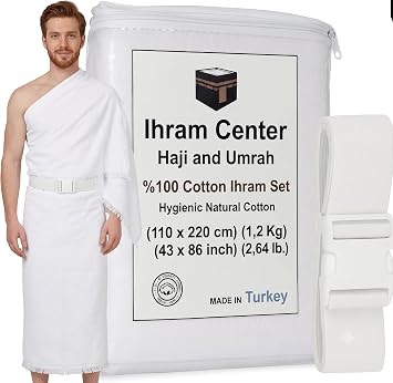 Ihram for Umrah Men, Hajj and Umrah Ihram for Men,100% Cotton Set 2-Piece, Breathable Washable Quick Drying, Soft Non-Stitched 43 x 86 Inch - 110 x 220cm Ehram Ahram Adjustable Waist Support Belt
