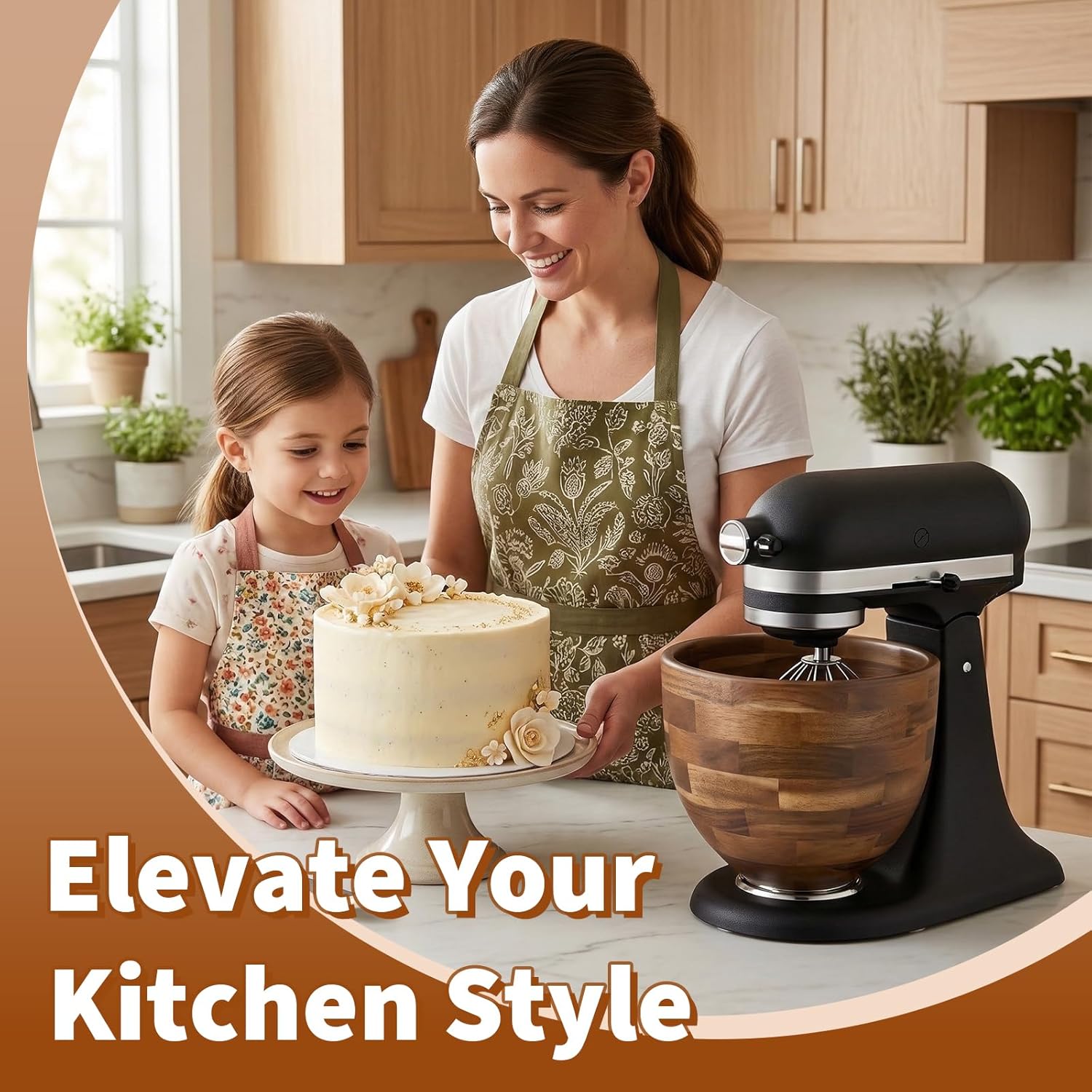 Mixer Wooden Bowl Compatible with Kitchenaid Mixer, Wooden Mixing Bowl for 5QT Tilt Head Stand Mixers, Wood Texture Surface, with Stainless Steel Locking Base, Perfect for Bread, Cake, and Baking