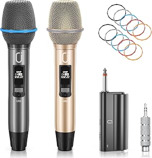 U60 Wireless Microphones, Dual UHF Microphone System with Rechargeable Receiver, Metal Karaoke Microphone for Singing, Wedding, DJ, Party, Speech, Church, Class, 200ft