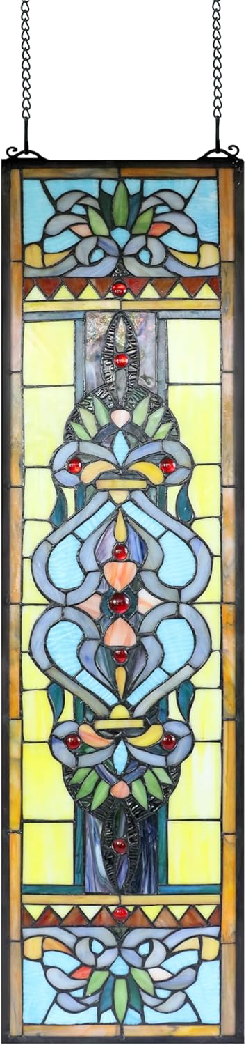 Yogoart Large 35 Inch Blue Victorian Stained Glass Window Panels Hanging Transom Window 9 Inch Wide (9" X 35")