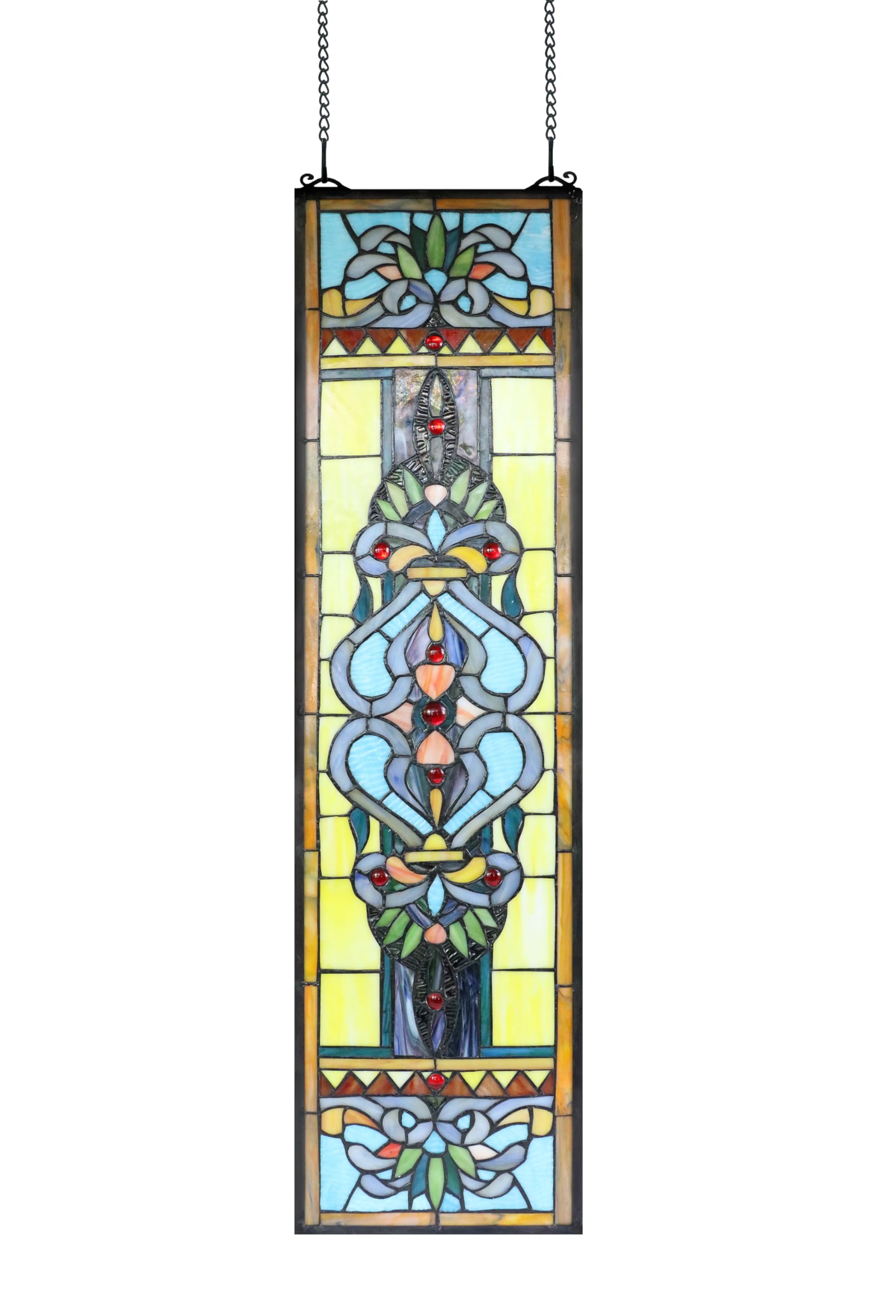Yogoart Large 35 Inch Blue Victorian Stained Glass Window Panels Hanging Transom Window 9 Inch Wide (9