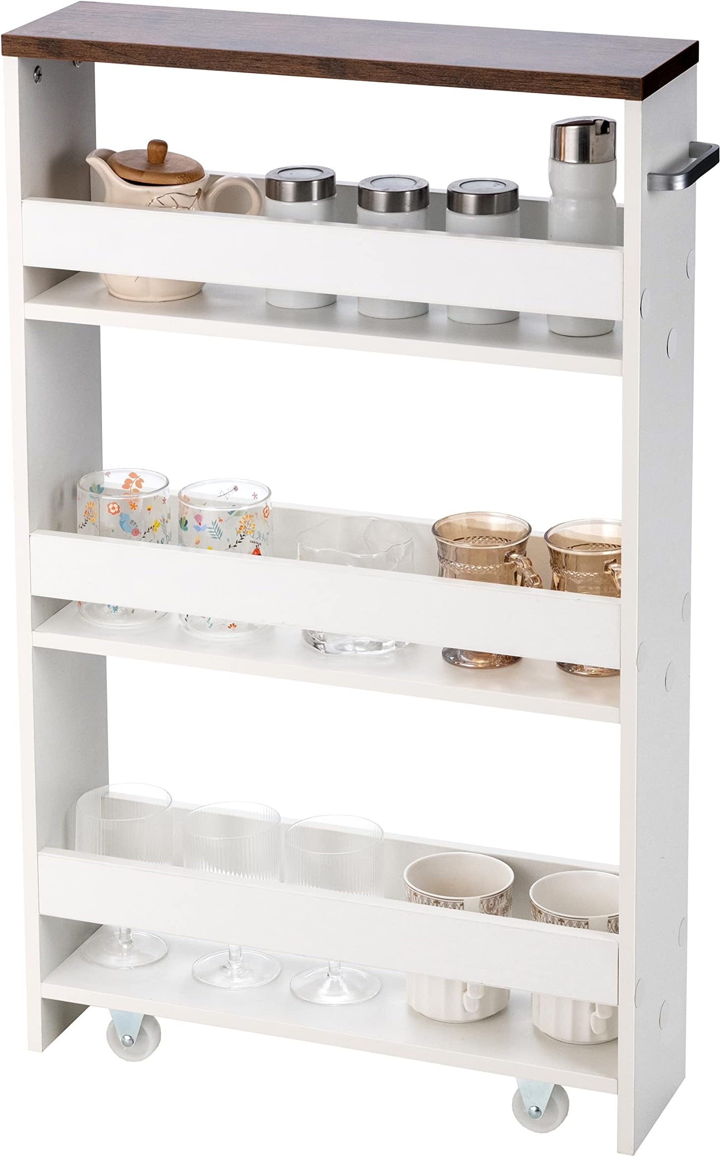 FANTASK Küchenwagen Schmal 13cm - 4 Etagen Servierwagen Mit Rollen, Grau-Natur