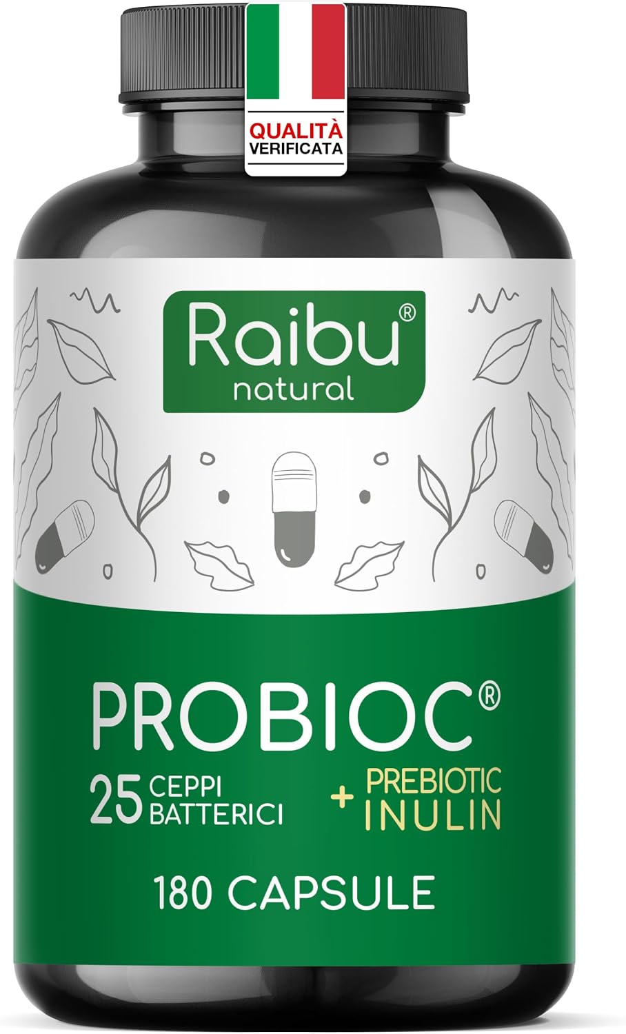 Probiotici Fermenti Lattici per Intestino - 180 Capsule, 25 Ceppi Batterici con Inulina, 60 Miliardi UFC - Resistenti ai Succhi Gastrici, Alta Dosaggio & Inclusi Lactobacillus e Bifidobatteri - Raibu