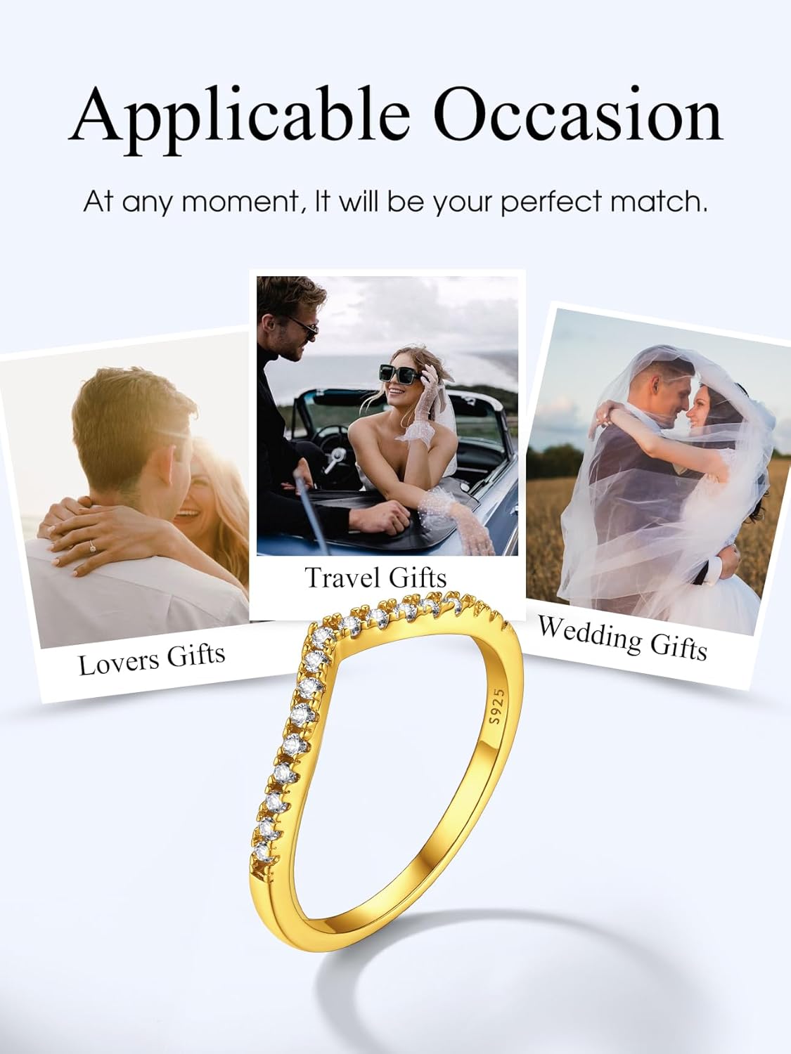 Bestyle Simple Sterling Silver Band Ring Wishbone Ring Full Cubic Zirconia Ring for Women, Love/Lucky Statement Promise Engagement Wedding Eternity Ring Stackbale, Size 4-12