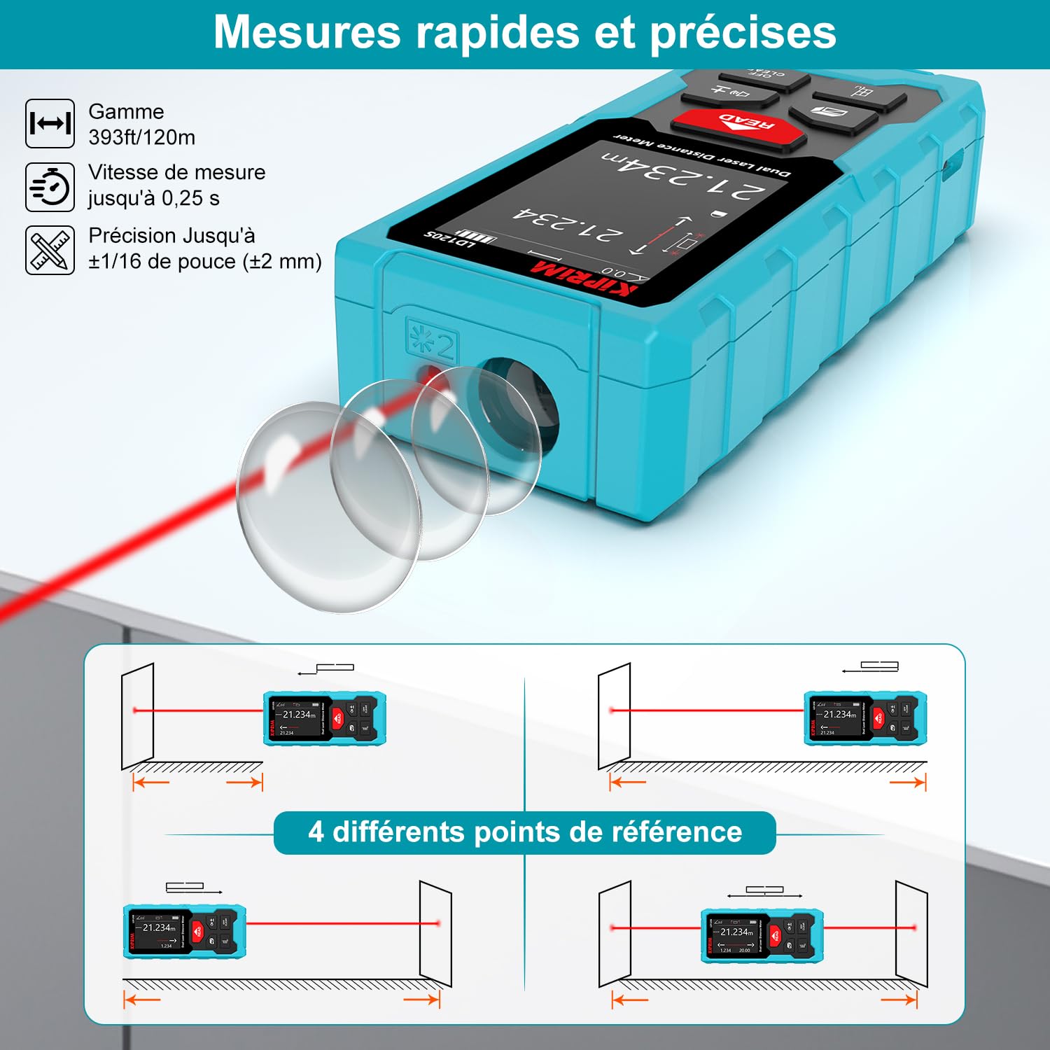 Kiprim LD120S Télémètre Laser Double, 120M de Portée, Niveau électronique, Mesures précises et Fonction Pythagore - pour la Construction, Le Bricolage et la rénovation