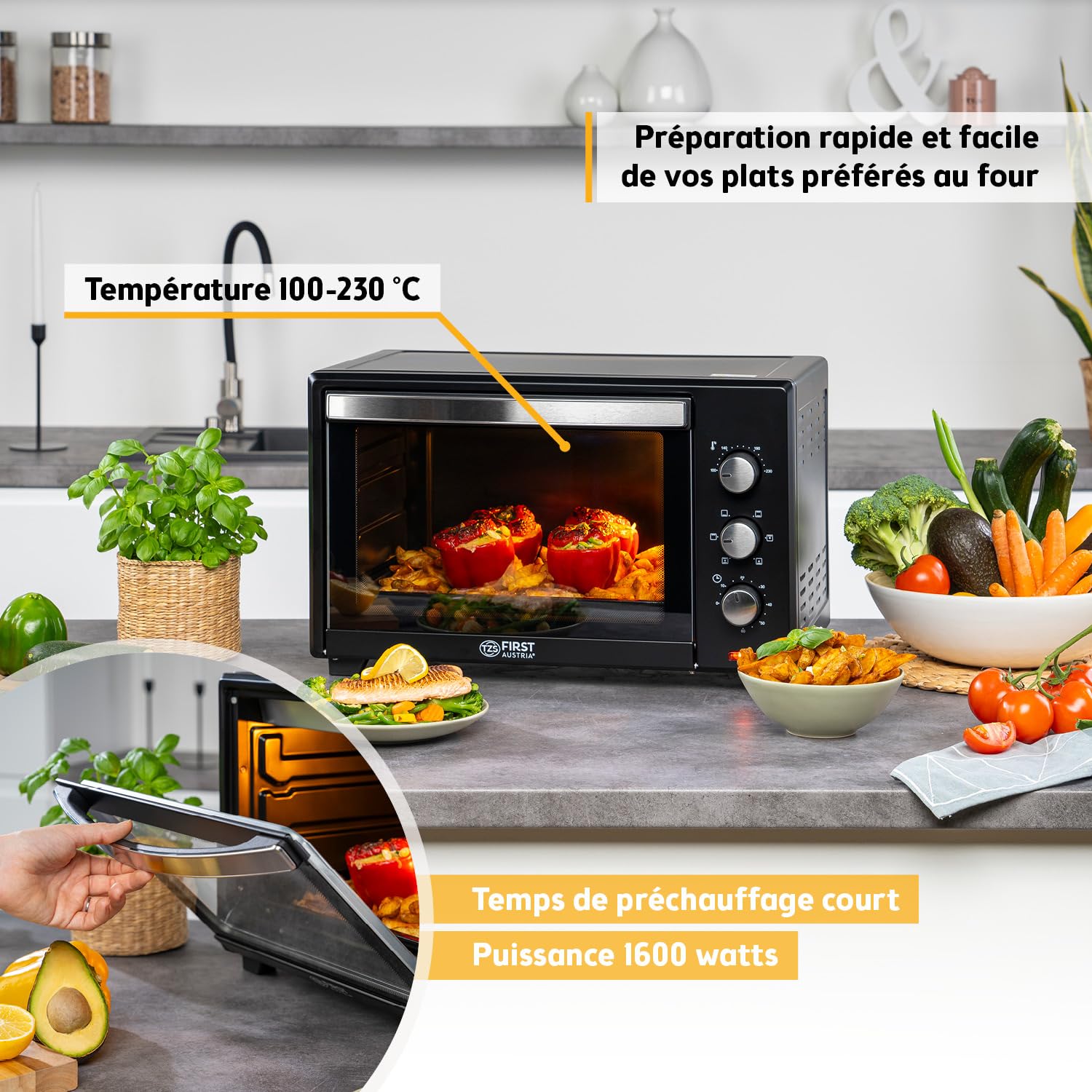 TZS First Austria - Mini-Four 35L 1600W - Four à pizza avec réglage de la température jusqu'à 230°C et revêtement antiadhésif - Avec minuteur de 60 min, 3 hauteurs d'insertion, plaque et grille