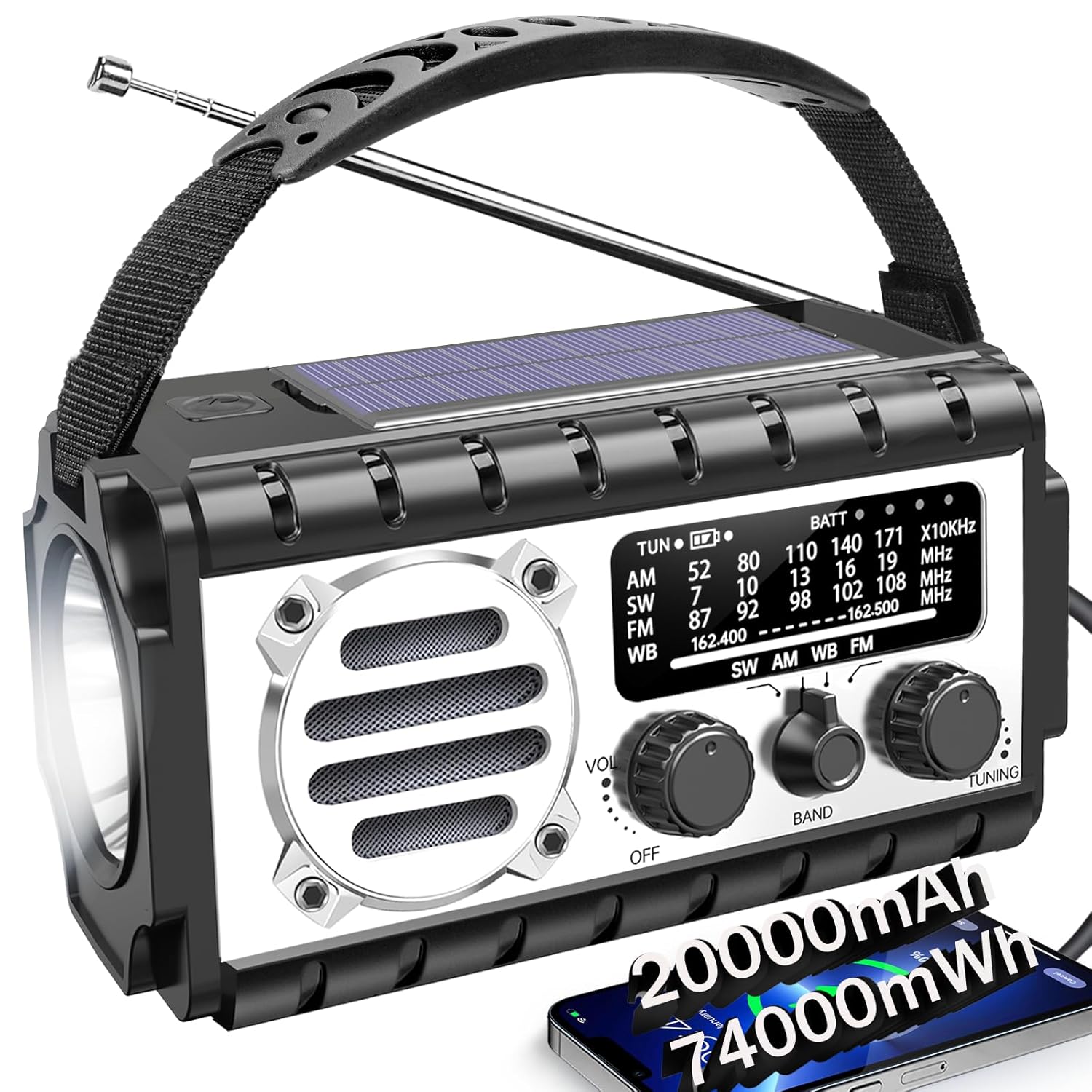 Emergency Radio 20000mAh 74000mWh Weather Radio Solar Hand Crank Radio with AM FM NOAA SW Weather Flashlight Reading